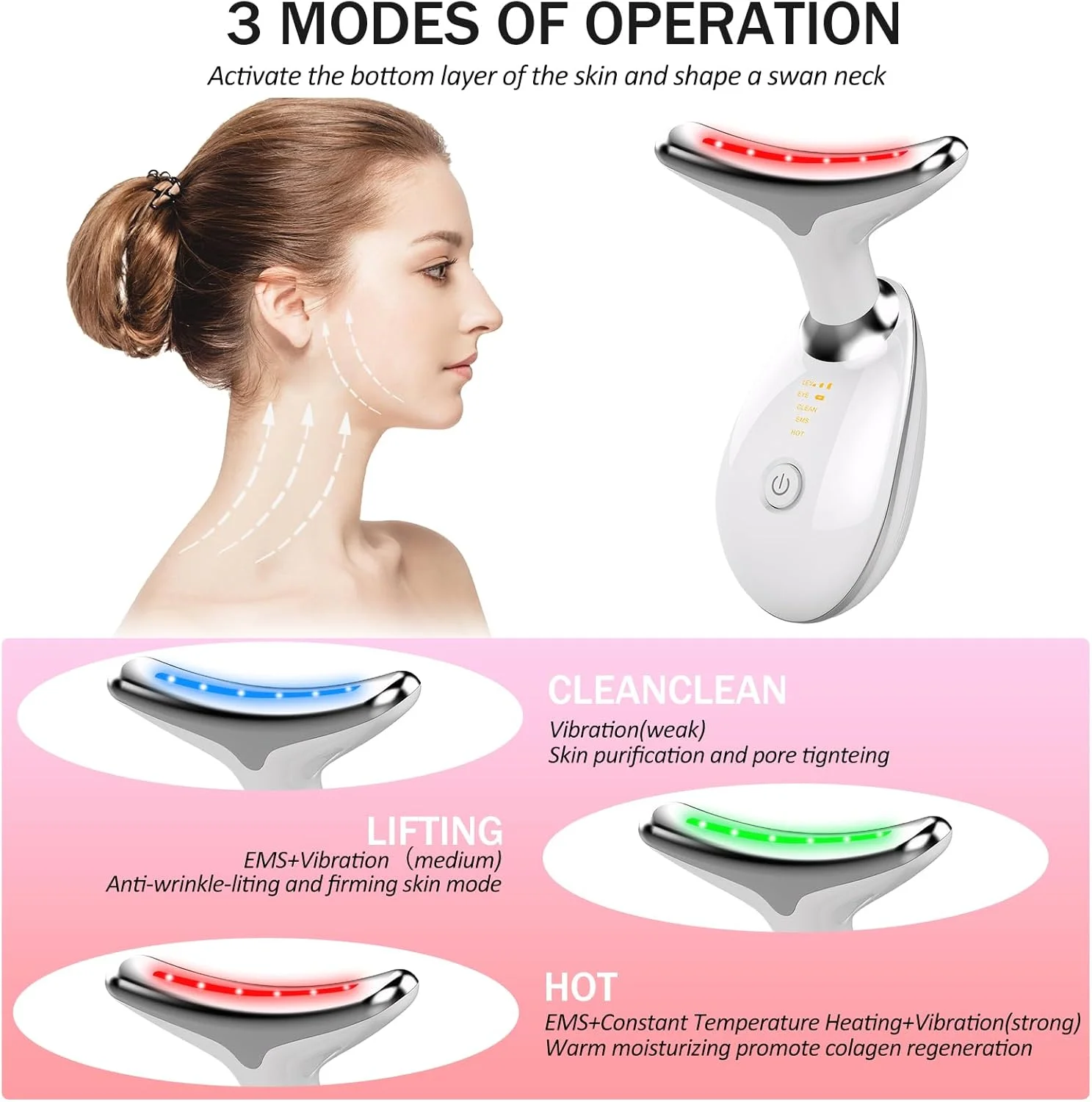 دستگاه ماساژور صورت و لیفتینگ، دستگاه ماساژ گردن برقی با گرمایش ۴۵ درجه سانتیگراد EMS، ۷ رنگ LED، ۳ حالت، دستگاه ضد پیری و ضد چروک صورت و گردن برای زنان