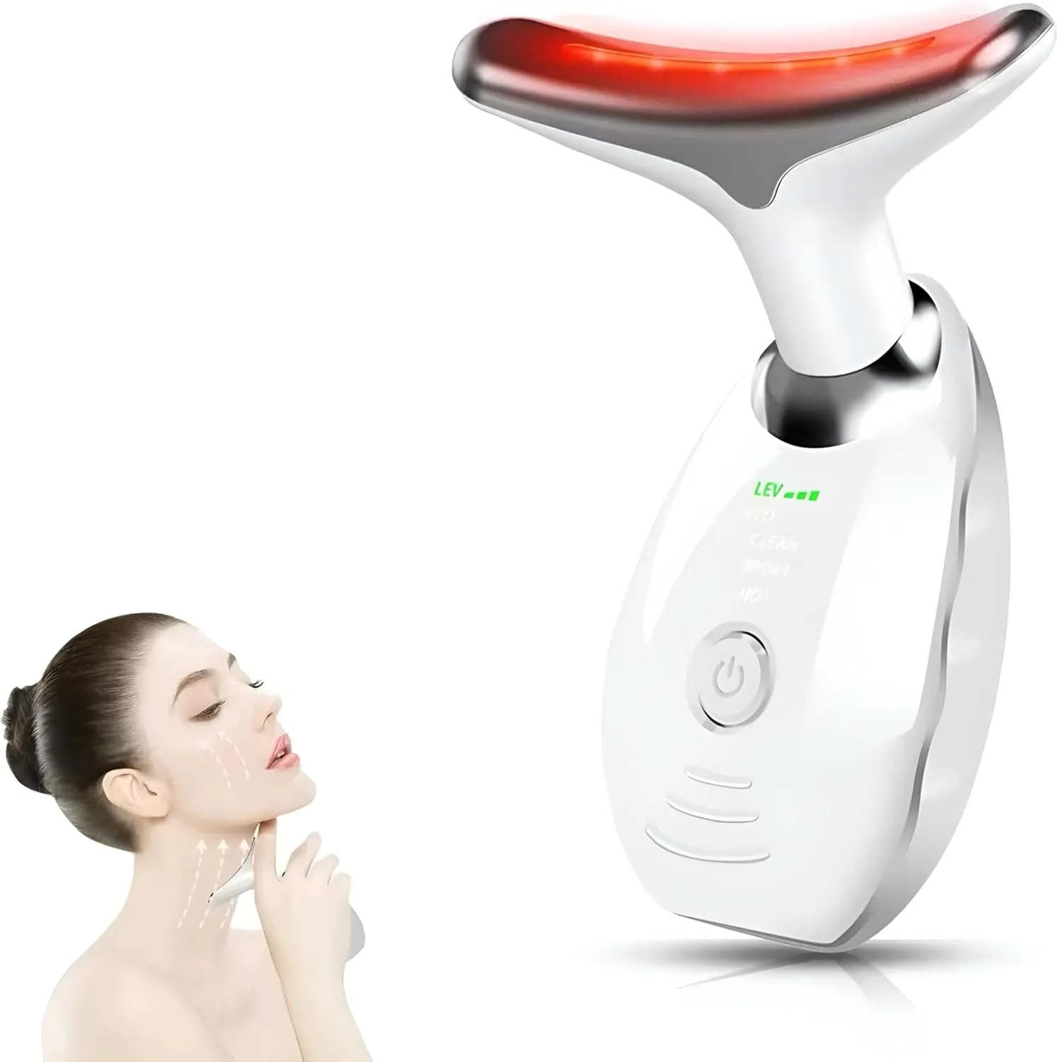 ماساژور برقی صورت و گردن، دستگاه لیفت صورت 3 حالته 45 درجه سانتیگراد با نور LED 7 رنگ با ویبره، نور قرمز برای ابزار صورت و گردن، سفت کننده و لیفت کننده پوست و ضد پیری