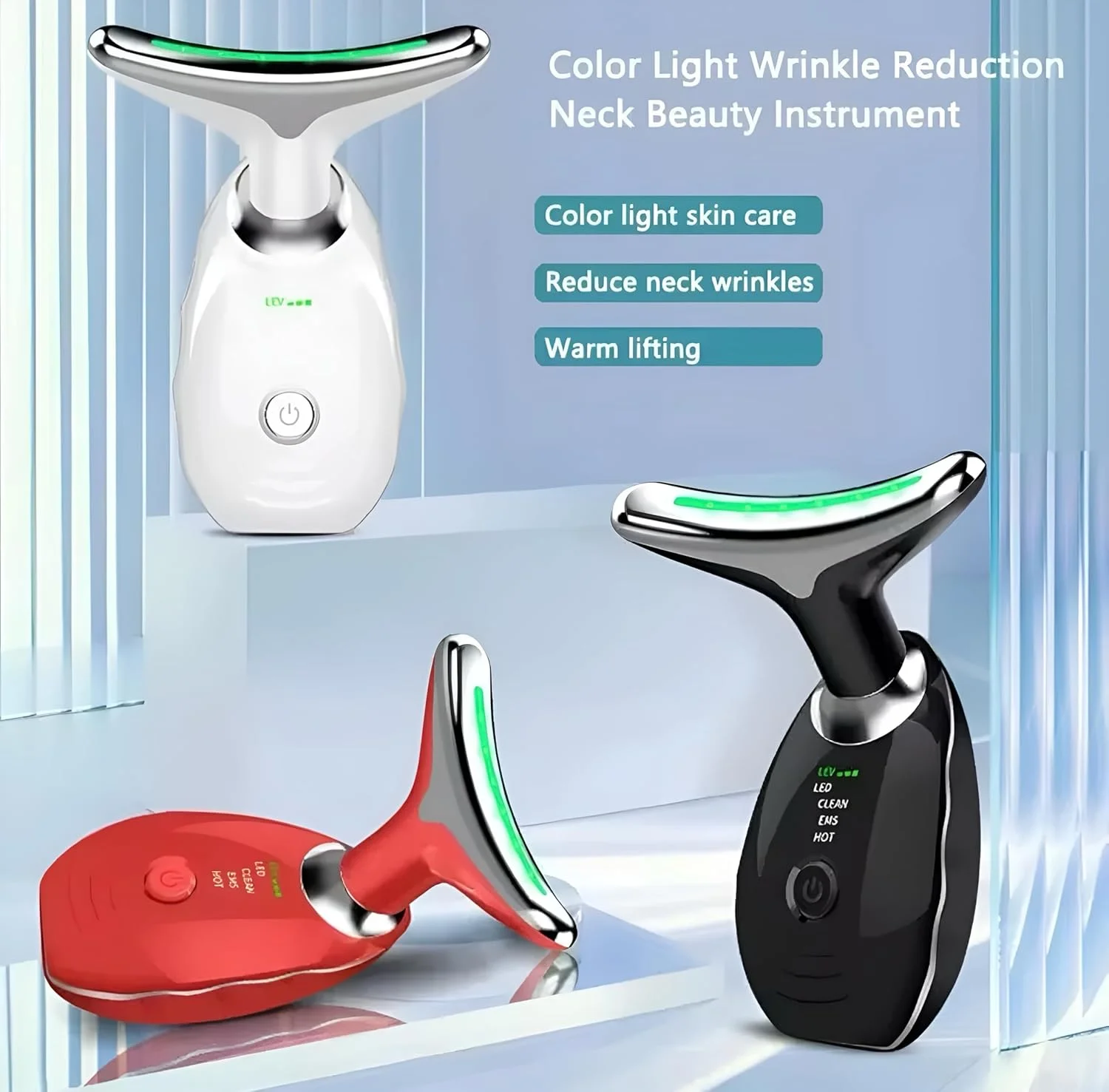 ماساژور برقی صورت و گردن، دستگاه لیفت صورت 3 حالته 45 درجه سانتیگراد با نور LED 7 رنگ با ویبره، نور قرمز برای ابزار صورت و گردن، سفت کننده و لیفت کننده پوست و ضد پیری