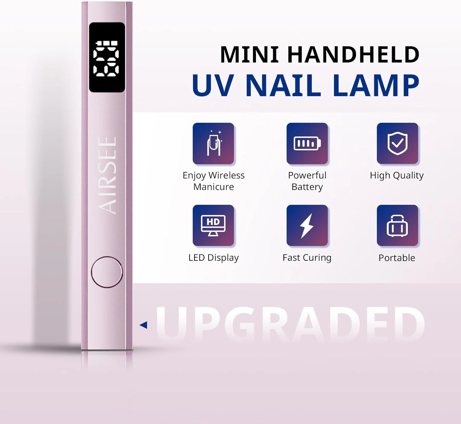 چراغ ناخن مینی بی سیم AIRSEE، چراغ UV دستی با نمایشگر LCD برای ناخن های ژلی، خشک کن ناخن USB قابل شارژ برای خشک کردن سریع، چسب تزئینات نگین، نوارهای ناخن ژلی در خانه، مسافرت (صورتی)