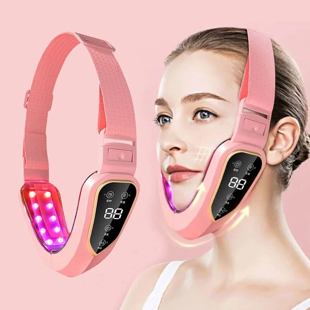 دستگاه فرم دهنده صورت KROSTY، لیفت کننده صورت V شکل، ماساژور صورت V، ماساژور ویبره لاغری صورت با نور LED، لیفت گونه V شکل صورت (صورتی)