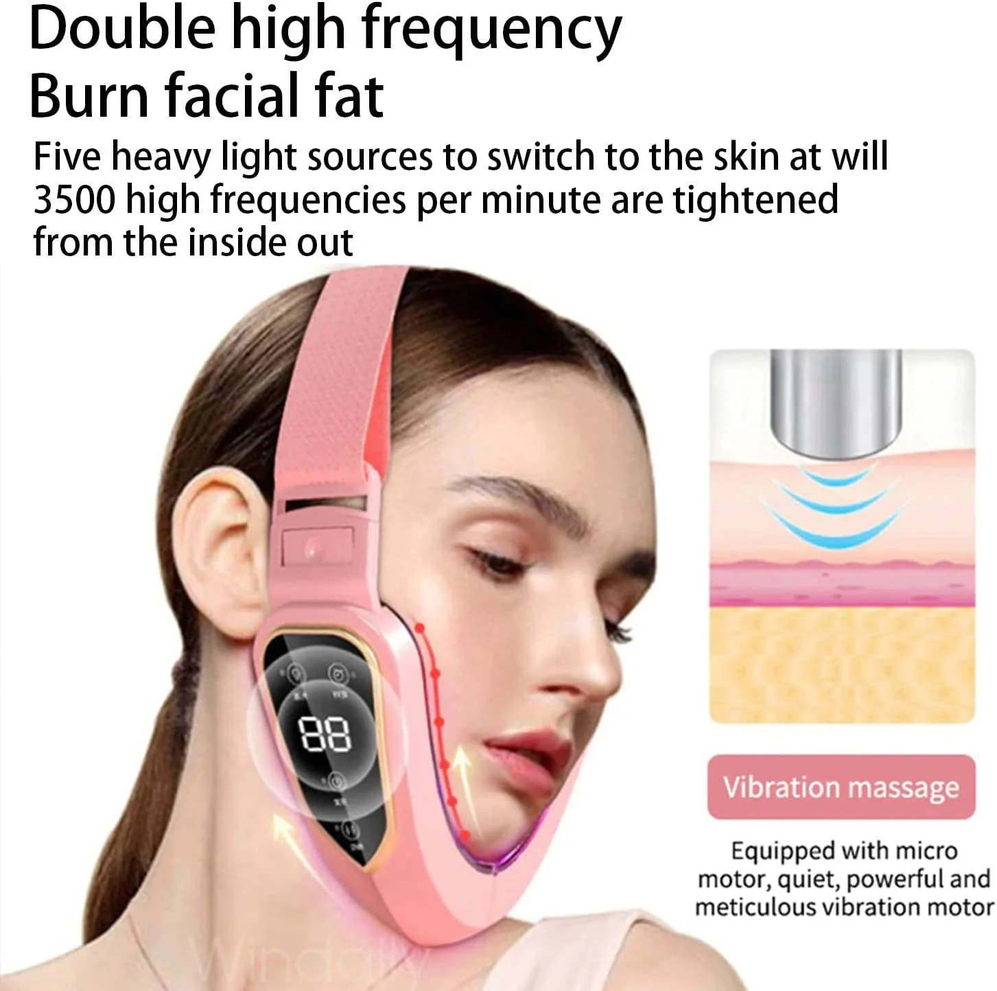 دستگاه فرم دهنده صورت KROSTY، لیفت کننده صورت V شکل، ماساژور صورت V، ماساژور ویبره لاغری صورت با نور LED، لیفت گونه V شکل صورت (صورتی)