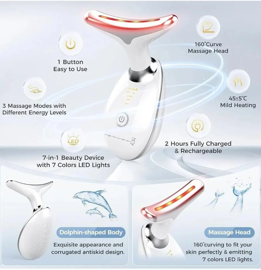 ماساژور گردن فوتونی LED هفت رنگ – دستگاه ویبره درمانی ضد چروک برای سفت کردن گردن، لیفت غبغب و سفت کردن پوست