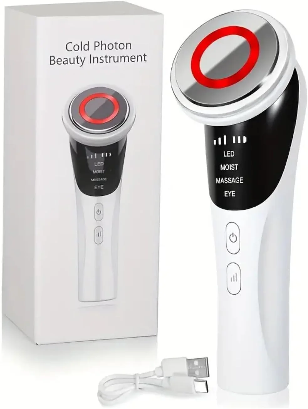 دستگاه ماساژ صورت LED، دارای 4 حالت، درمان زیبایی فوتون سرد، قابل شارژ USB، سفید