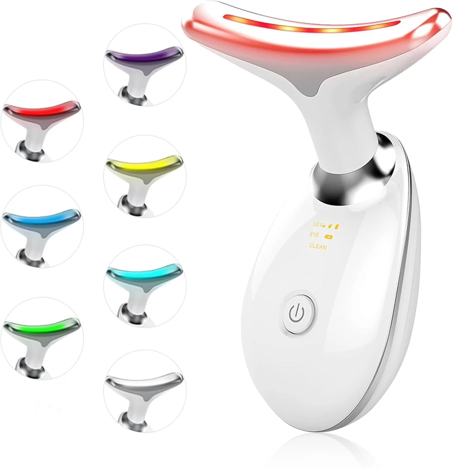 دستگاه زیبایی صورت، ابزار ماساژ صورت برای مراقبت از پوست، بر اساس عملکرد سه گانه LED، حرارتی و لرزشی، نور LED قرمز و آبی، ماساژور صورت و گردن LED 7 رنگ برای استفاده در منزل (سفید براق)