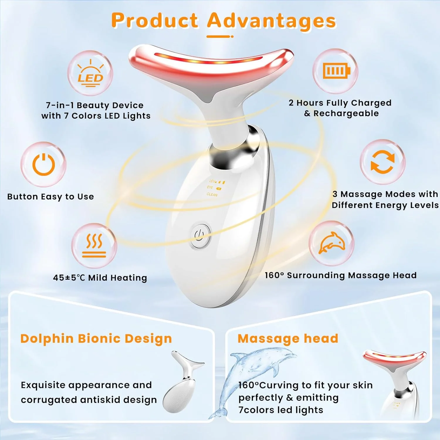 دستگاه زیبایی صورت، ابزار ماساژ صورت برای مراقبت از پوست، بر اساس عملکرد سه گانه LED، حرارتی و لرزشی، نور LED قرمز و آبی، ماساژور صورت و گردن LED 7 رنگ برای استفاده در منزل (سفید براق)