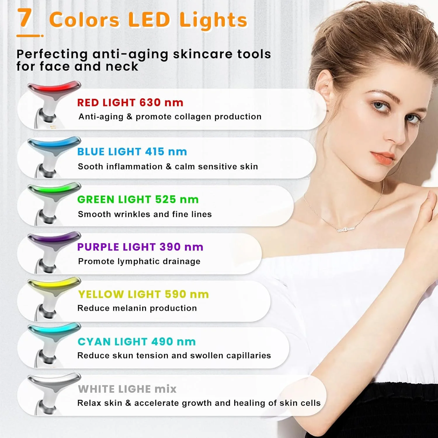 دستگاه زیبایی صورت، ابزار ماساژ صورت برای مراقبت از پوست، بر اساس عملکرد سه گانه LED، حرارتی و لرزشی، نور LED قرمز و آبی، ماساژور صورت و گردن LED 7 رنگ برای استفاده در منزل (سفید براق)