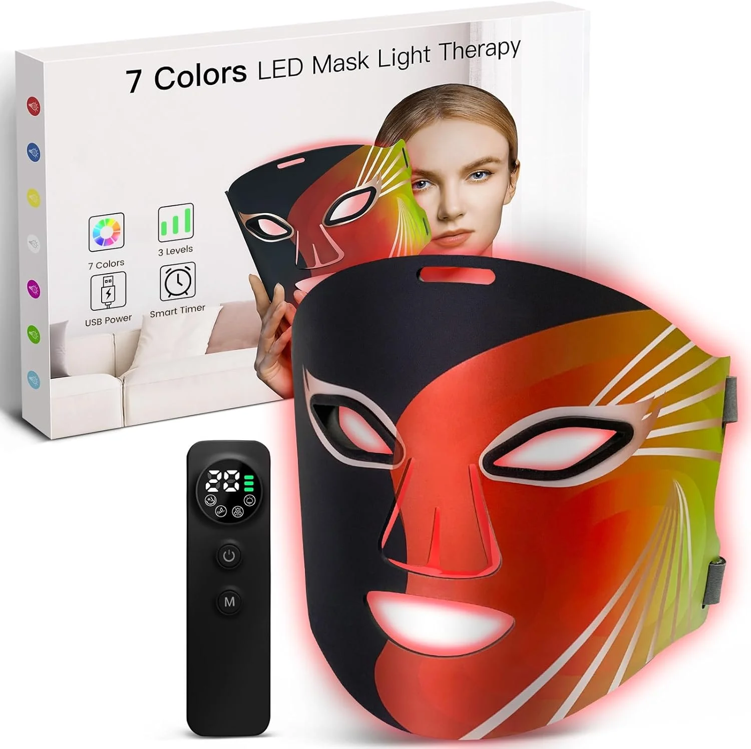 ماسک نور درمانی صورت، ماسک LED مادون قرمز با 7 رنگ، دستگاه زیبایی قابل حمل و شارژی برای جوانسازی پوست صورت، مشکی