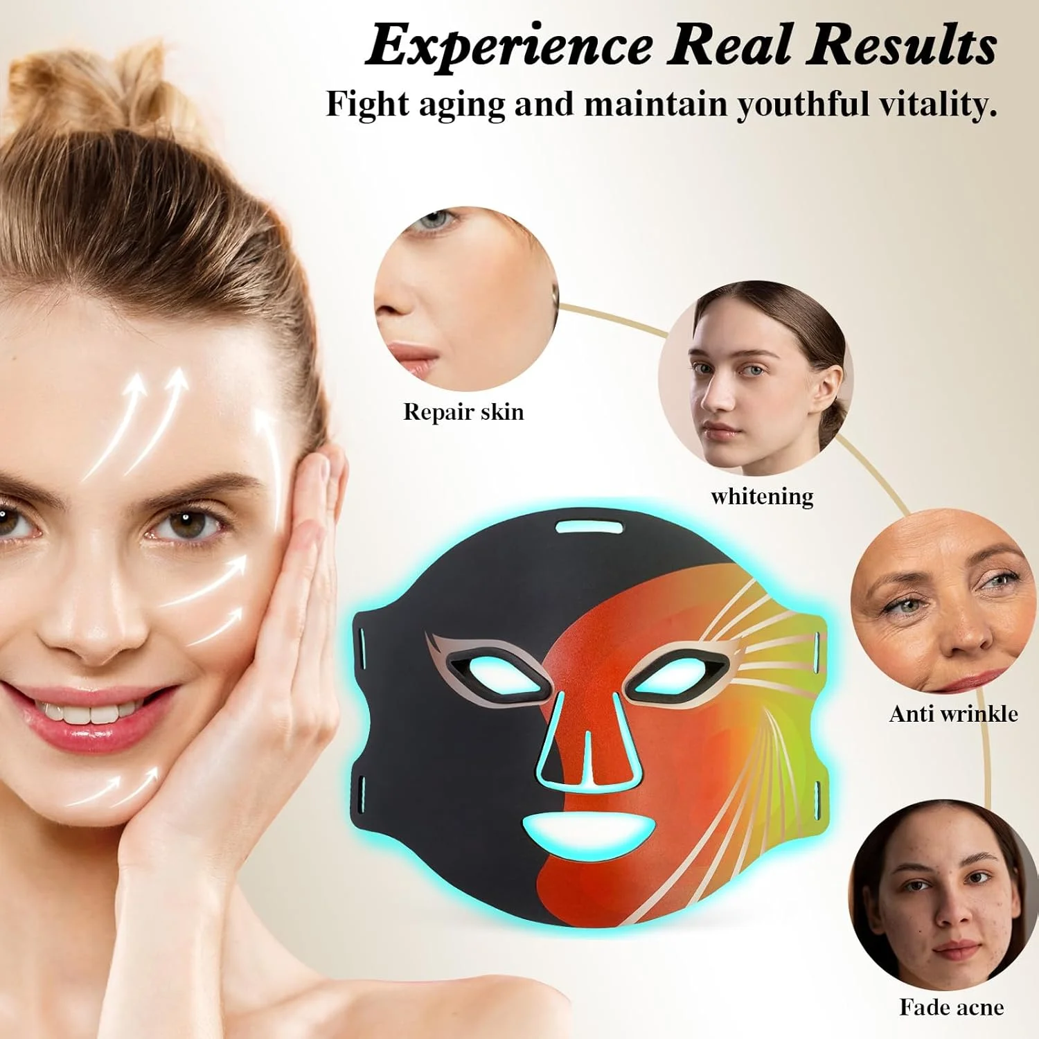 ماسک نور درمانی صورت، ماسک LED مادون قرمز با 7 رنگ، دستگاه زیبایی قابل حمل و شارژی برای جوانسازی پوست صورت، مشکی