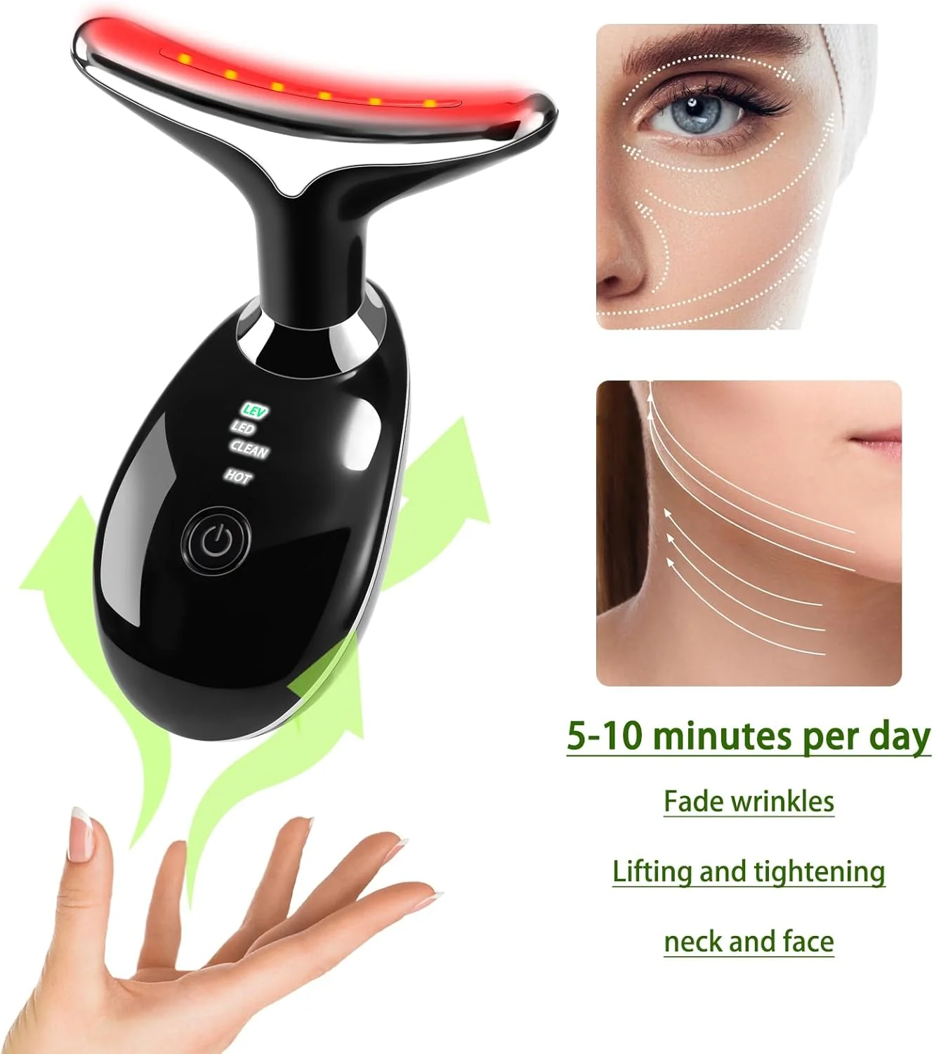 دستگاه زیبایی صورت و گردن، ماساژور صورت و گردن ال ای دی 7 رنگ، ابزار مراقبت از پوست چند منظوره صورت، ایده آل برای مراقبت از پوست در خانه (مشکی)