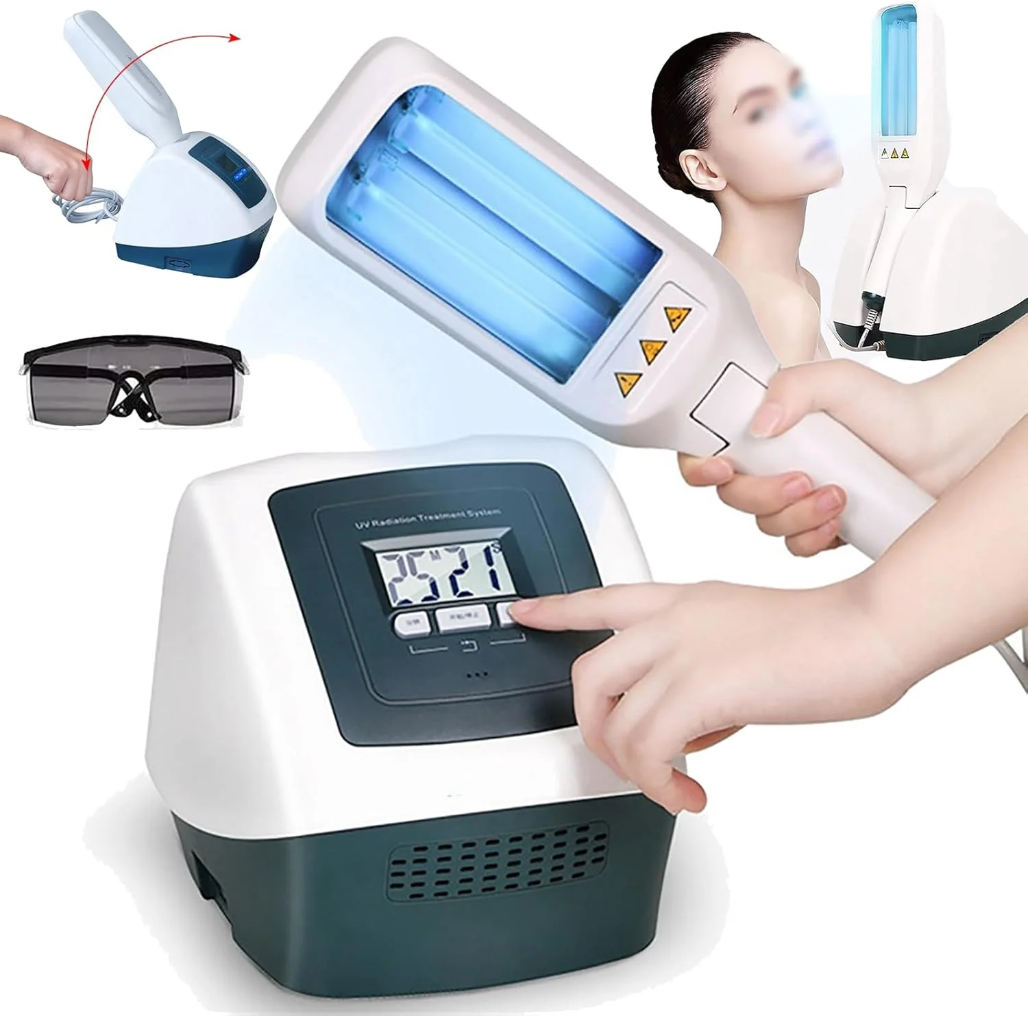 دستگاه مراقبت از پوست قابل حمل 311NM، با عینک محافظ/دو لامپ، نمایشگر LED/مساحت تابش: 104 سانتی متر مربع، زاویه خمش تابشگر 0-90 درجه/تایمر، برای پوست، بدن و پوست سر، سفید