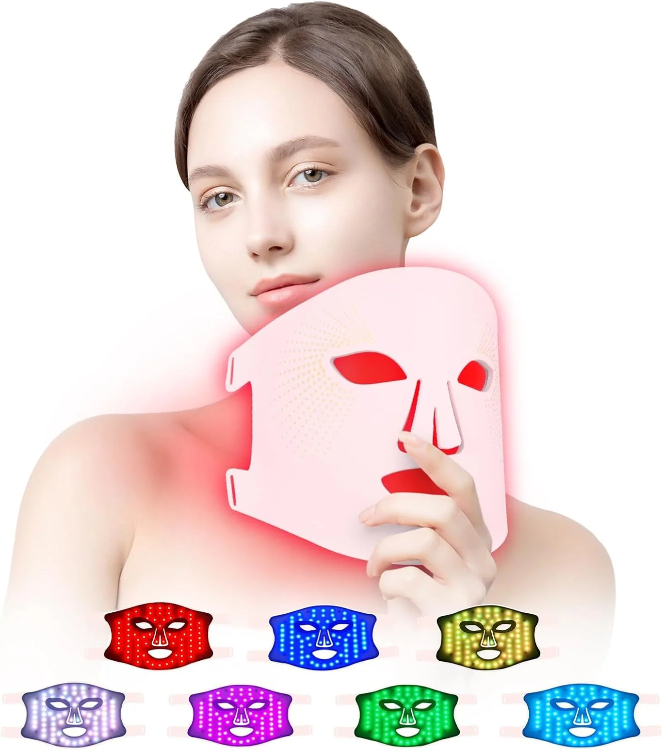 ماسک نور درمانی قرمز برای صورت، ماسک صورت LED با 7 رنگ برای ضد پیری، صاف کردن خطوط ریز و کوچک کردن منافذ، دستگاه مراقبت از زیبایی پوست صورت زنانه برای خانه و مسافرت (صورتی)