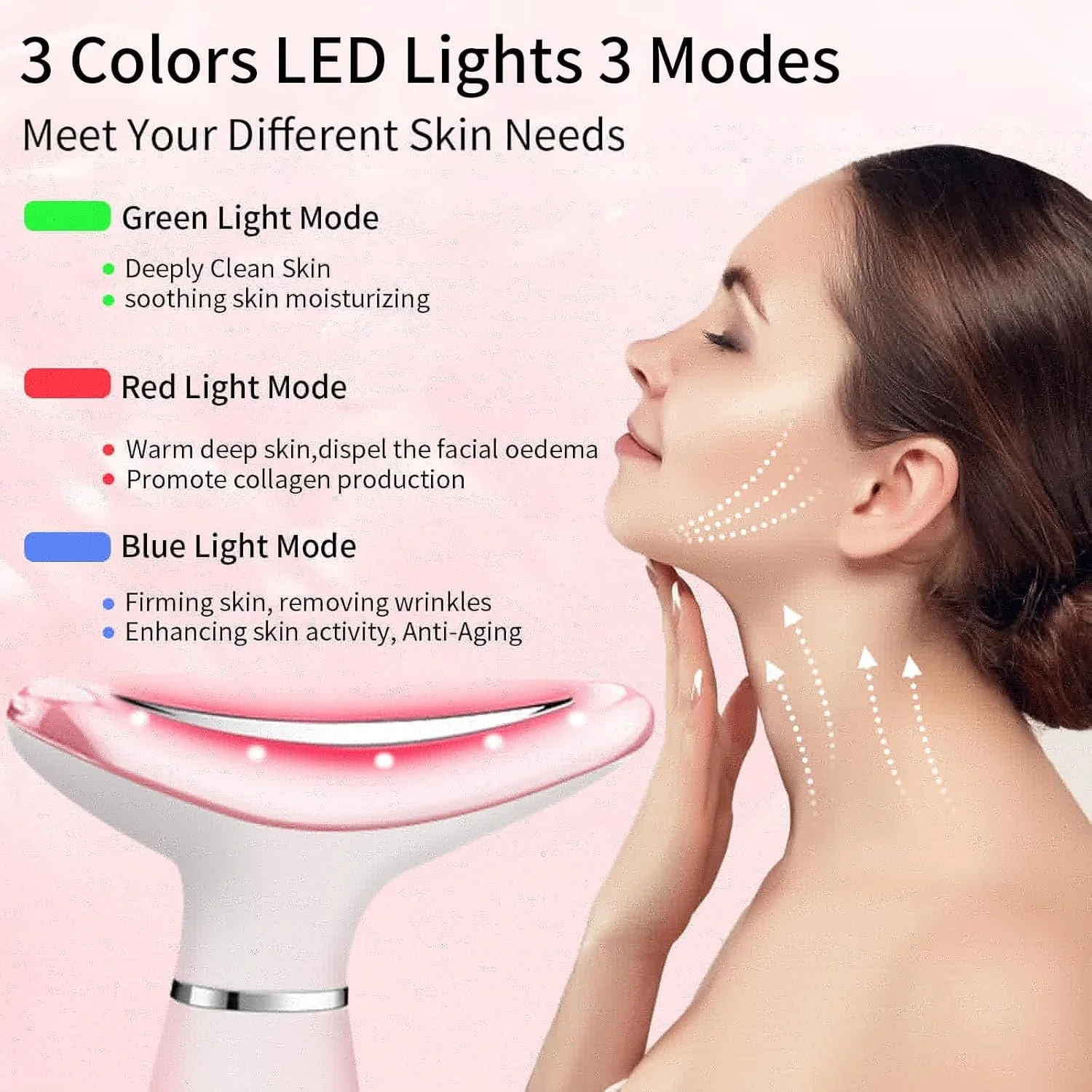 دستگاه زیبایی صورت بولیوی، کیت تونینگ صورت برای ضد پیری و چروک، سه حالت حرارتی LED، ابزار فرم دهی صورت برای رفع چروک و سفت کردن پوست صورت و گردن (صورتی)