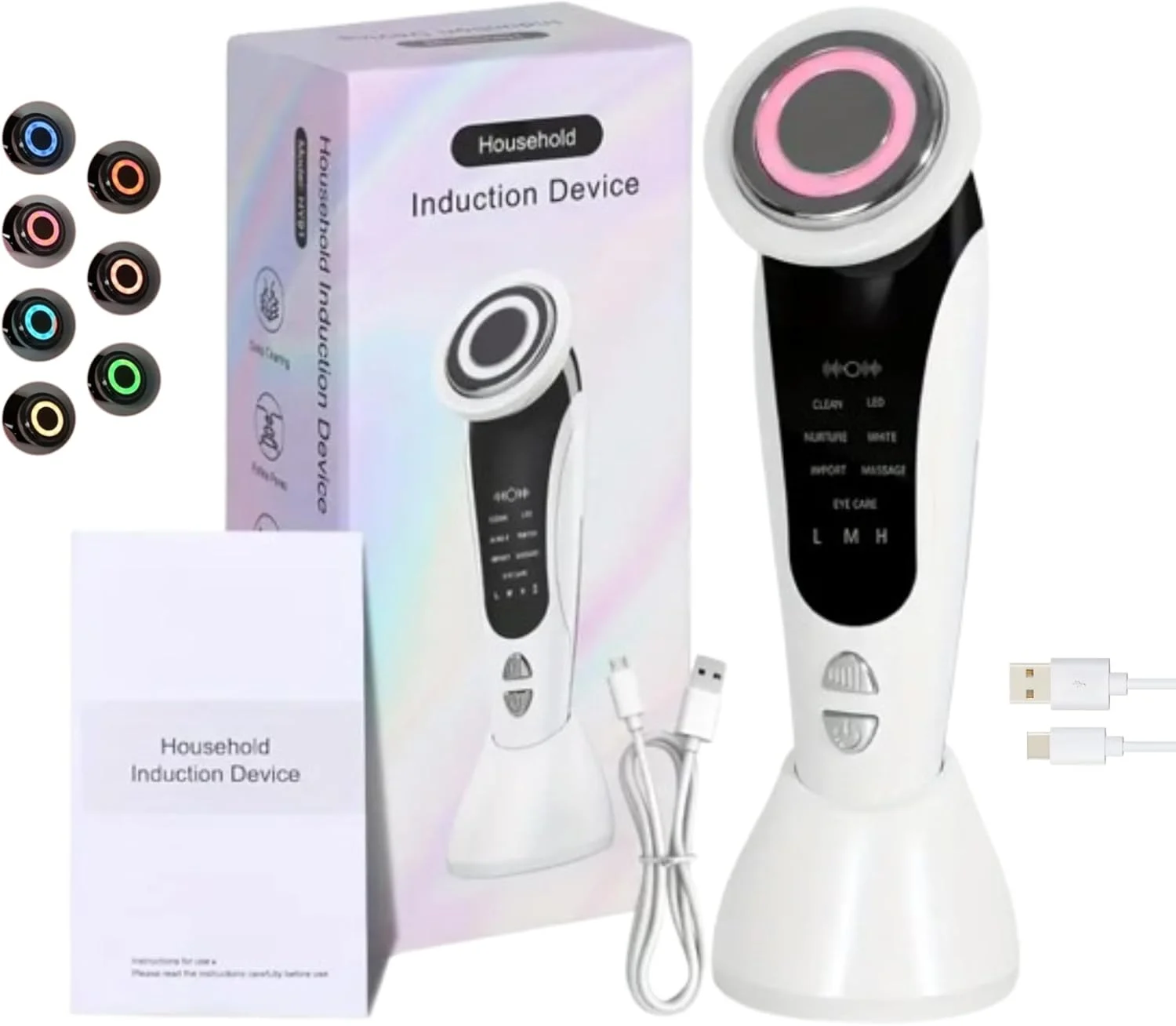 ماساژور صورت و گردن شارژی USB با 7 رنگ UV، نمایشگر LED، 3 حالت پاکسازی عمیق، ویبره، پایه نگهدارنده، فرم دهنده صورت، ضد پیری - (سفید) (مجموعه جعبه)