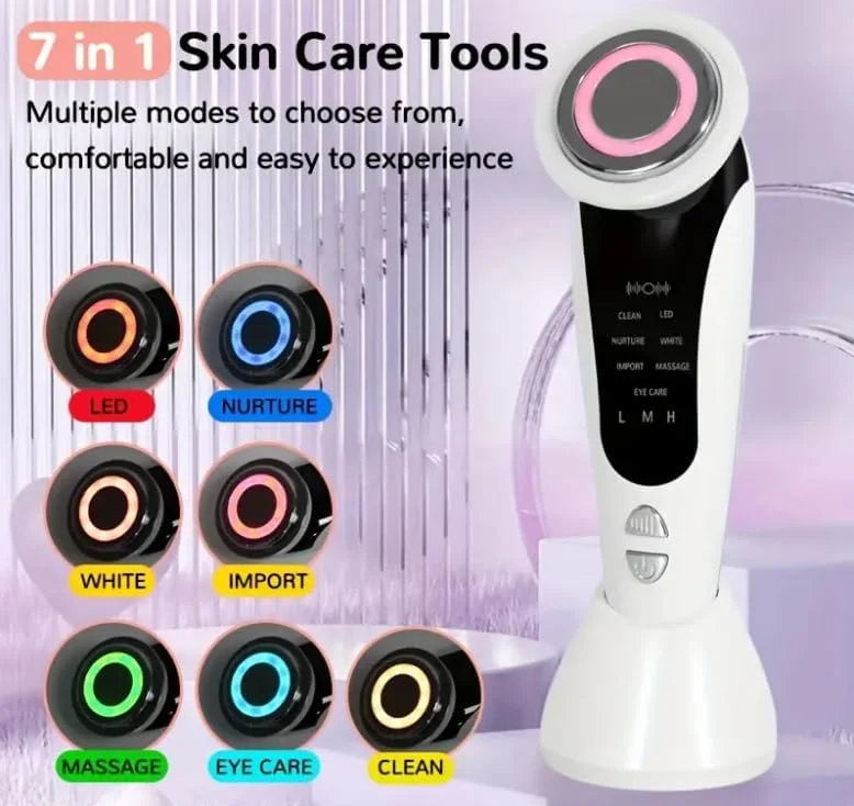 ماساژور صورت و گردن شارژی USB با 7 رنگ UV، نمایشگر LED، 3 حالت پاکسازی عمیق، ویبره، پایه نگهدارنده، فرم دهنده صورت، ضد پیری - (سفید) (مجموعه جعبه)