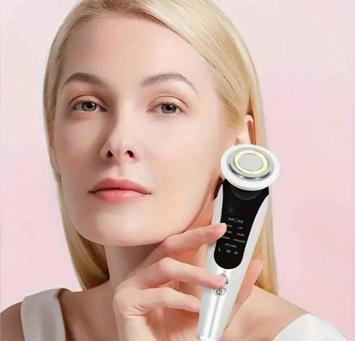 ماساژور صورت و گردن شارژی USB با 7 رنگ UV، نمایشگر LED، 3 حالت پاکسازی عمیق، ویبره، پایه نگهدارنده، فرم دهنده صورت، ضد پیری - (سفید) (مجموعه جعبه)