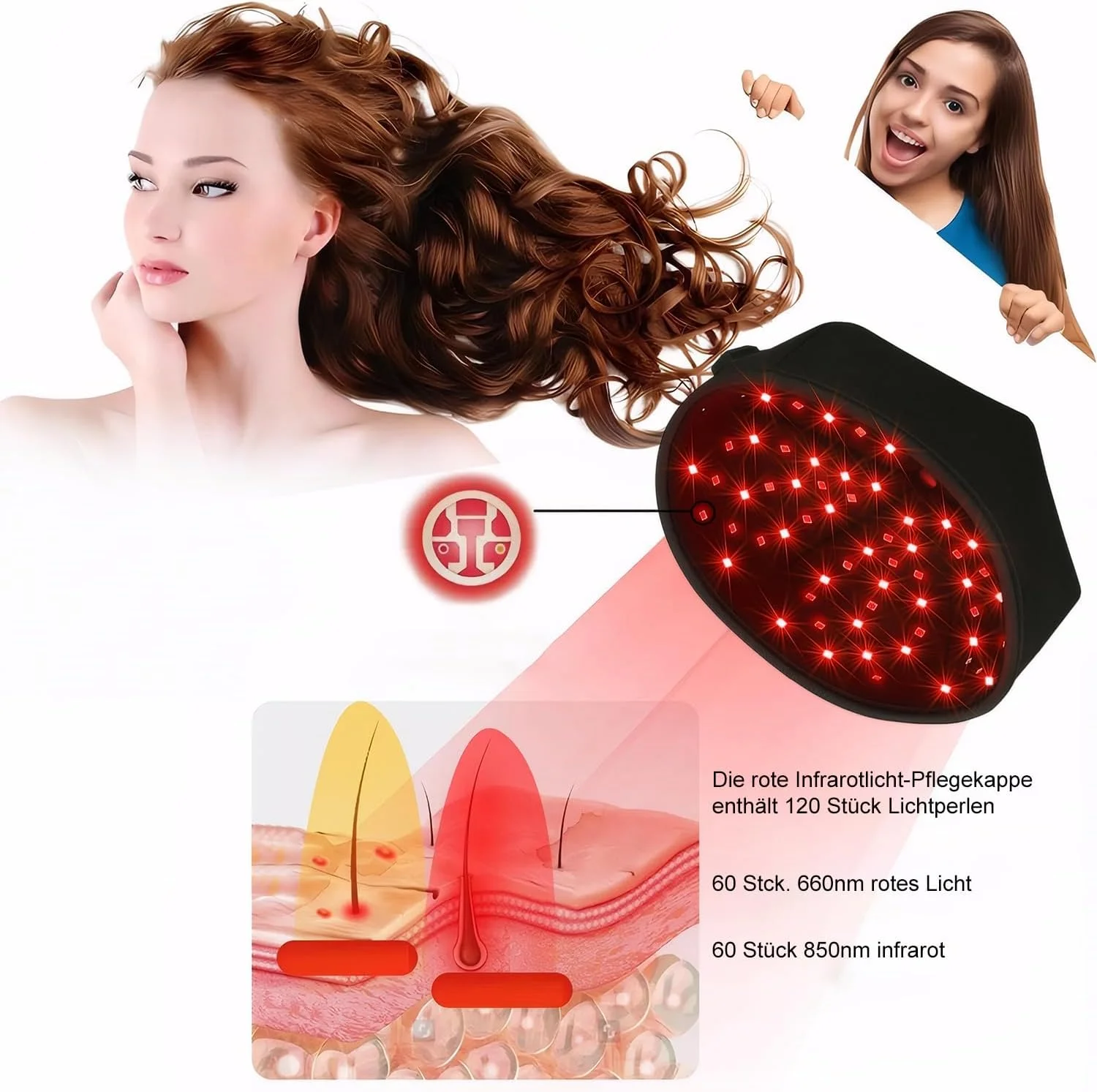 کلاه نوردرمانی قرمز برای رشد مو، دستگاه رشد مو با نور مادون قرمز، 120 ال ای دی، طول موج 660 نانومتر و 850 نانومتر برای مردان و زنان، سایز آزاد، سیمی