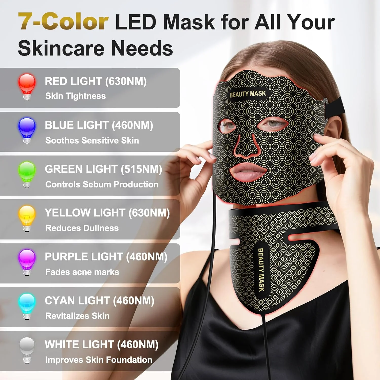 ماسک صورت و گردن LED با لامپ نور 7 رنگ، ماسک های نور قرمز، ماسک های دستگاه زیبایی LED، ماسک LED برای انواع پوست