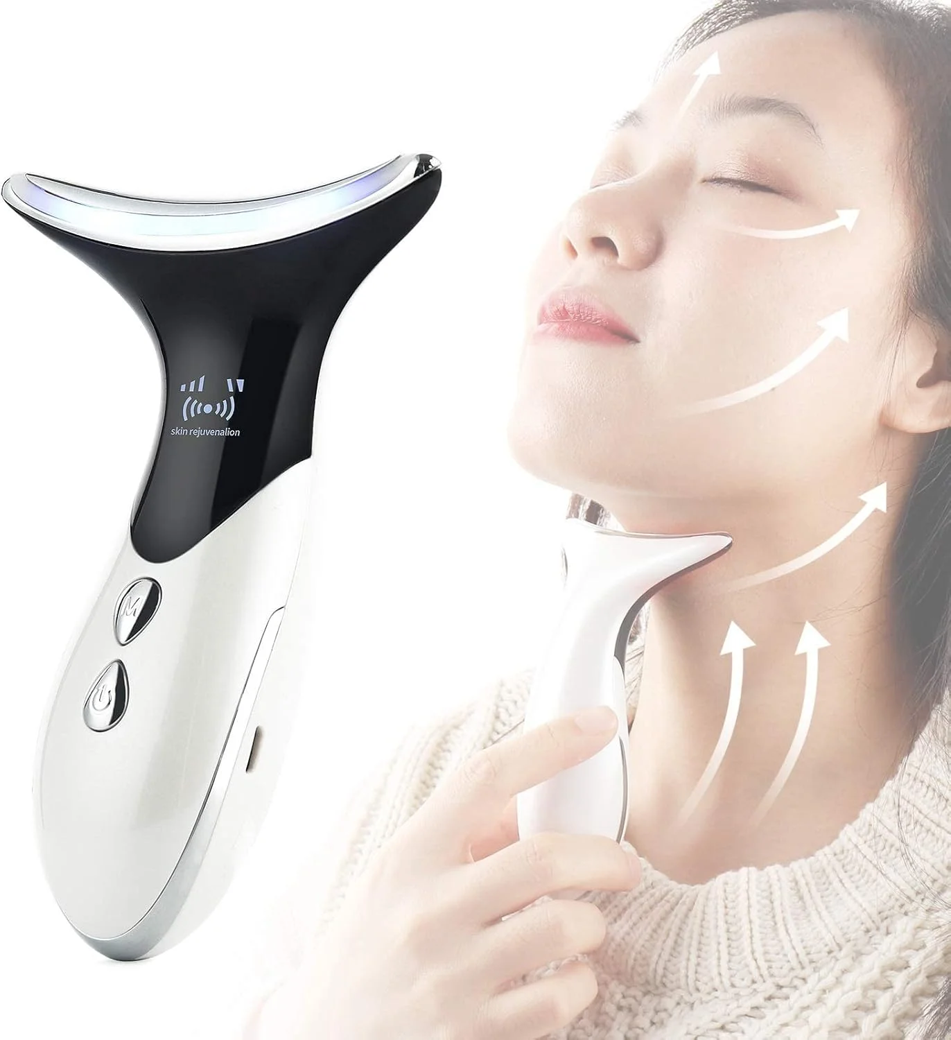 دستگاه زیبایی گردن، ماساژور چانه V شکل، ماساژور ضد چروک حرارتی 40℃/45℃، درمان غبغب، ماساژور ویبره صورت، دستگاه سفت کننده و لیفتینگ پوست، درمان فوتون LED 3 رنگ