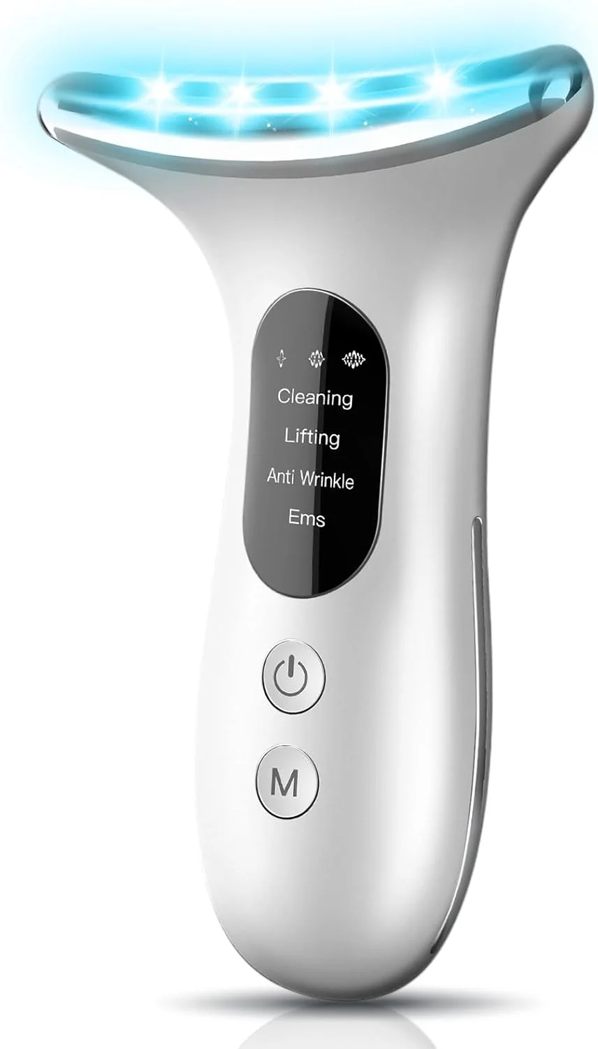 ماساژور برقی صورت، دستگاه ضد چروک با 4 حالت، ماساژور ویبره صورت و گردن، دستگاه جوانسازی پوست با حرارت، LED سه گانه، ماساژور ضد پیری گردن و چشم برای مراقبت از پوست ماساژور برقی صورت، دستگاه ضد چروک با 4 حالت، ماساژور ویبره صورت و گردن، دستگاه جوانسازی پوست با حرارت، LED سه گانه، ماساژور ضد پیری گردن و چشم برای مراقبت از پوست