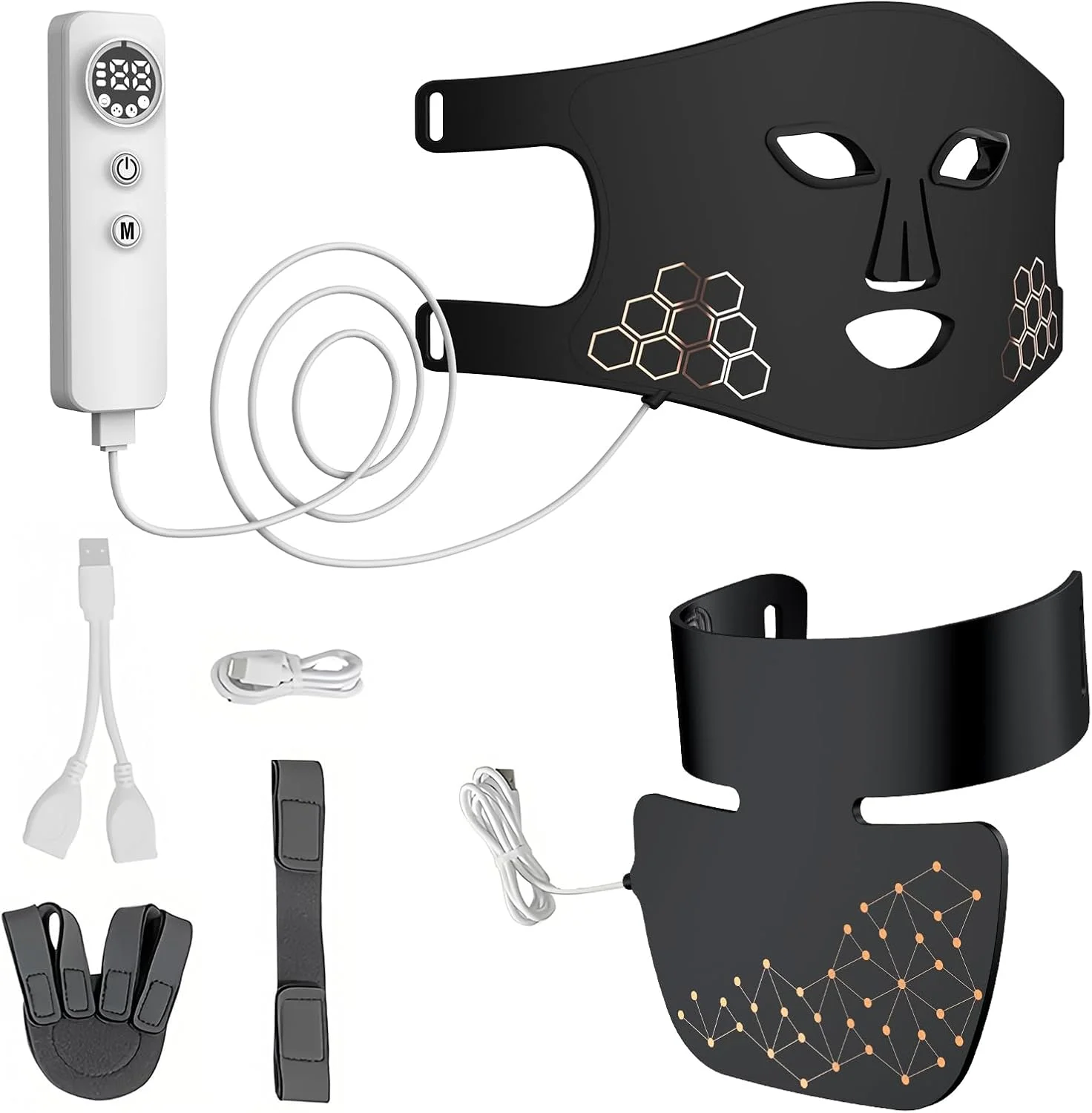 ماسک صورت و گردن LED، نور درمانی با 4 رنگ قرمز/آبی/زرد/سفید، دستگاه زیبایی مراقبت از پوست خانگی با 4 حالت و تایمر برای کاهش چین و چروک، سفت کردن و جوانسازی پوست (مشکی)