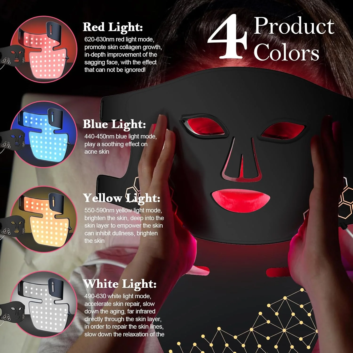 ماسک صورت و گردن LED، نور درمانی با 4 رنگ قرمز/آبی/زرد/سفید، دستگاه زیبایی مراقبت از پوست خانگی با 4 حالت و تایمر برای کاهش چین و چروک، سفت کردن و جوانسازی پوست (مشکی) ماسک صورت و گردن LED، نور درمانی با 4 رنگ قرمز/آبی/زرد/سفید، دستگاه زیبایی مراقبت از پوست خانگی با 4 حالت و تایمر برای کاهش چین و چروک، سفت کردن و جوانسازی پوست (مشکی)