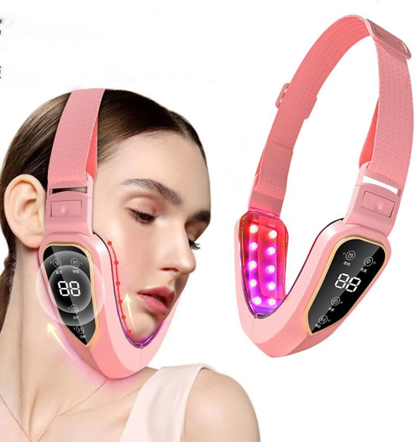 ماساژور لاغری صورت LED، دستگاه لیفتینگ V شکل، ابزار سفت کننده برقی صورت، ضد پیری و چروک، ماساژور سلولیت صورت برای کاهش غبغب، صورتی