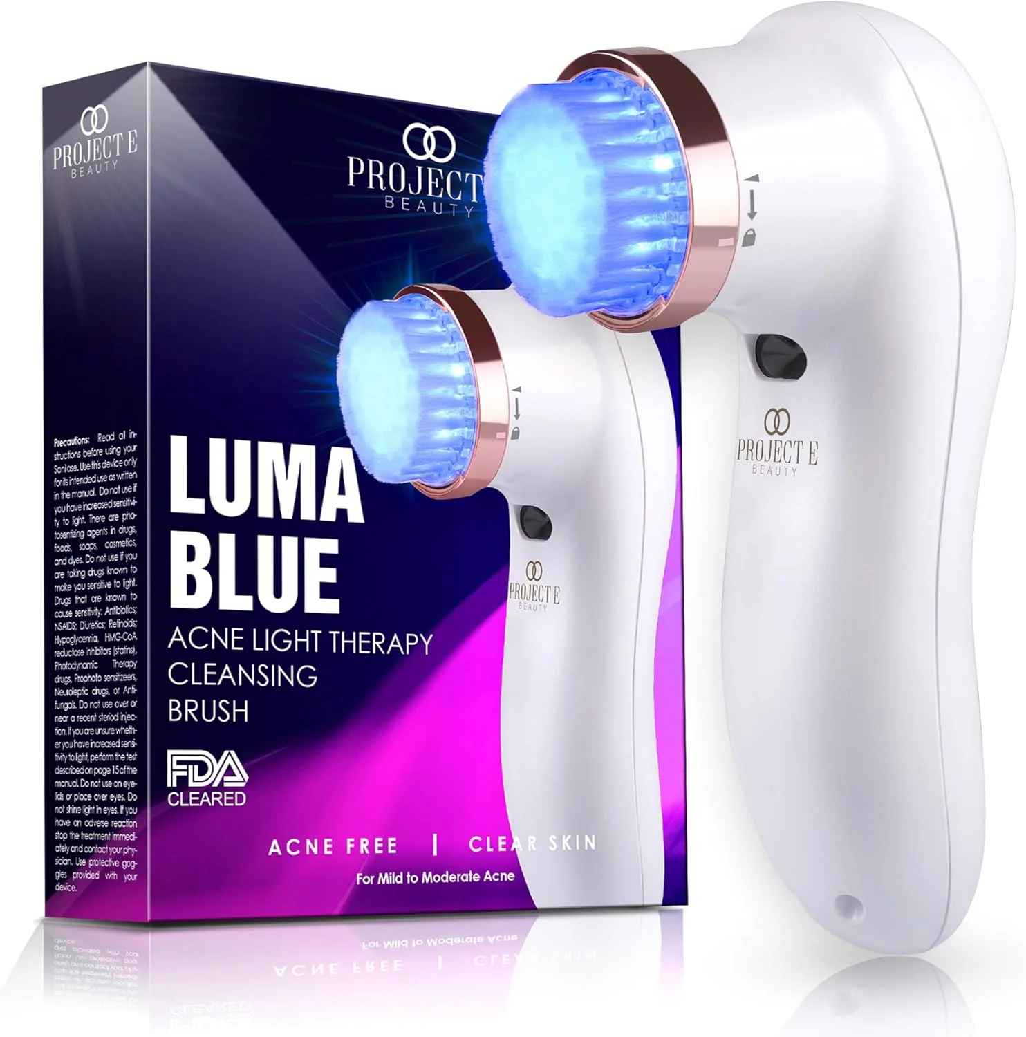 برس پاک کننده صورت Luma Blue Project E Beauty | برس پاکسازی جوش با نور درمانی آکنه دارای تاییدیه FDA، فوتون LED 415 نانومتری، چرخش 360 درجه، کاهش التهاب، صاف کننده و بهبود دهنده پوست حساس، دستگاه صورت برای درمان آرامش بخش