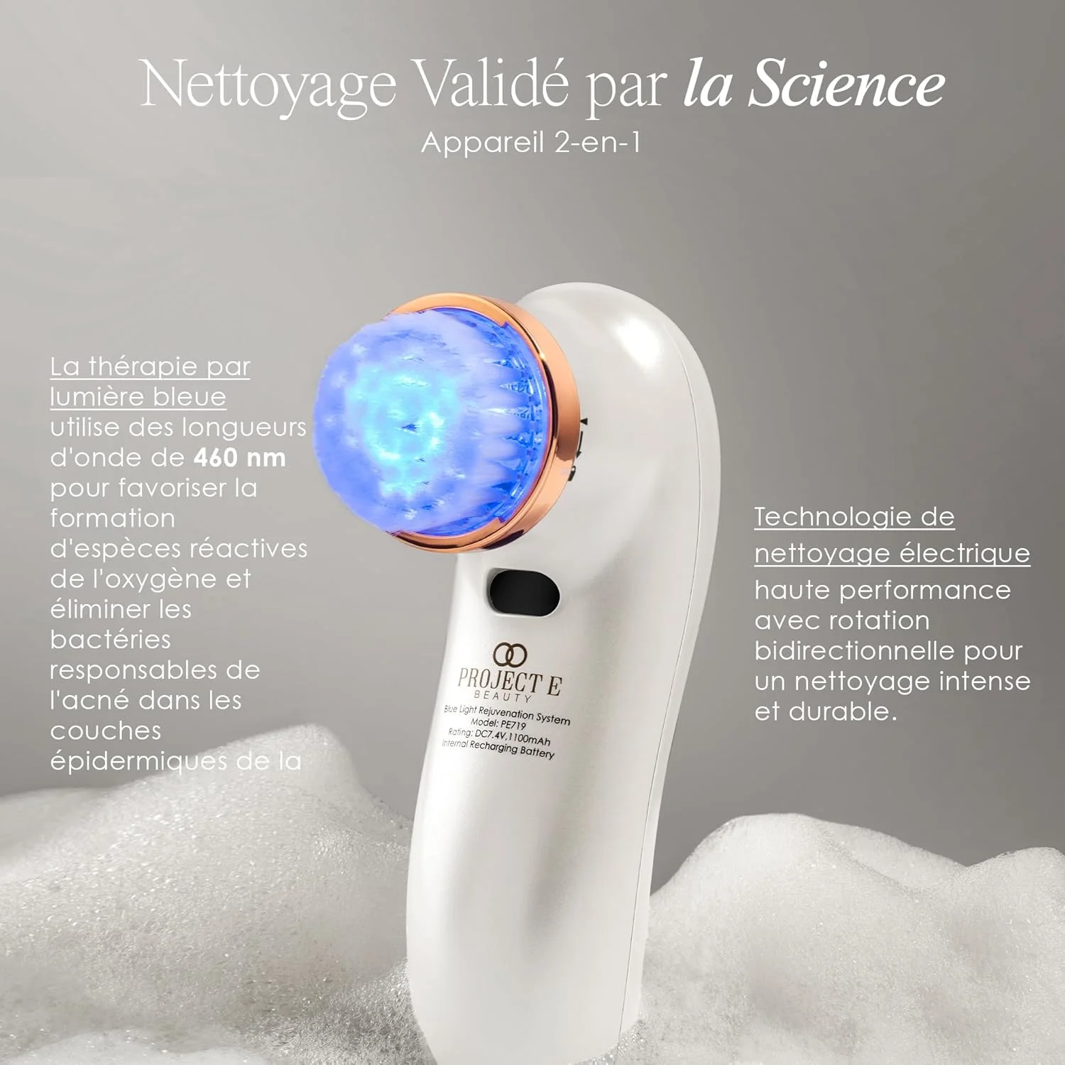 برس پاک کننده صورت Luma Blue Project E Beauty | برس پاکسازی جوش با نور درمانی آکنه دارای تاییدیه FDA، فوتون LED 415 نانومتری، چرخش 360 درجه، کاهش التهاب، صاف کننده و بهبود دهنده پوست حساس، دستگاه صورت برای درمان آرامش بخش