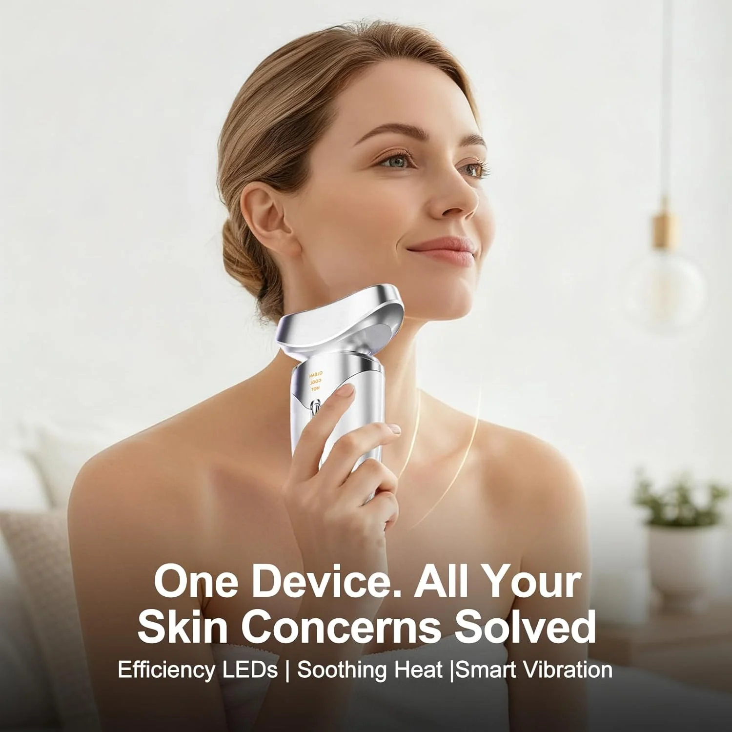 دستگاه زیبایی نور قرمز برای صورت و گردن، بر اساس نور LED قرمز و آبی پیشرفته، سرد و گرم صورت، فناوری ویبره، دستگاه زیبایی صورت و گردن LED 3 رنگ برای استفاده در منزل، سفید صدفی