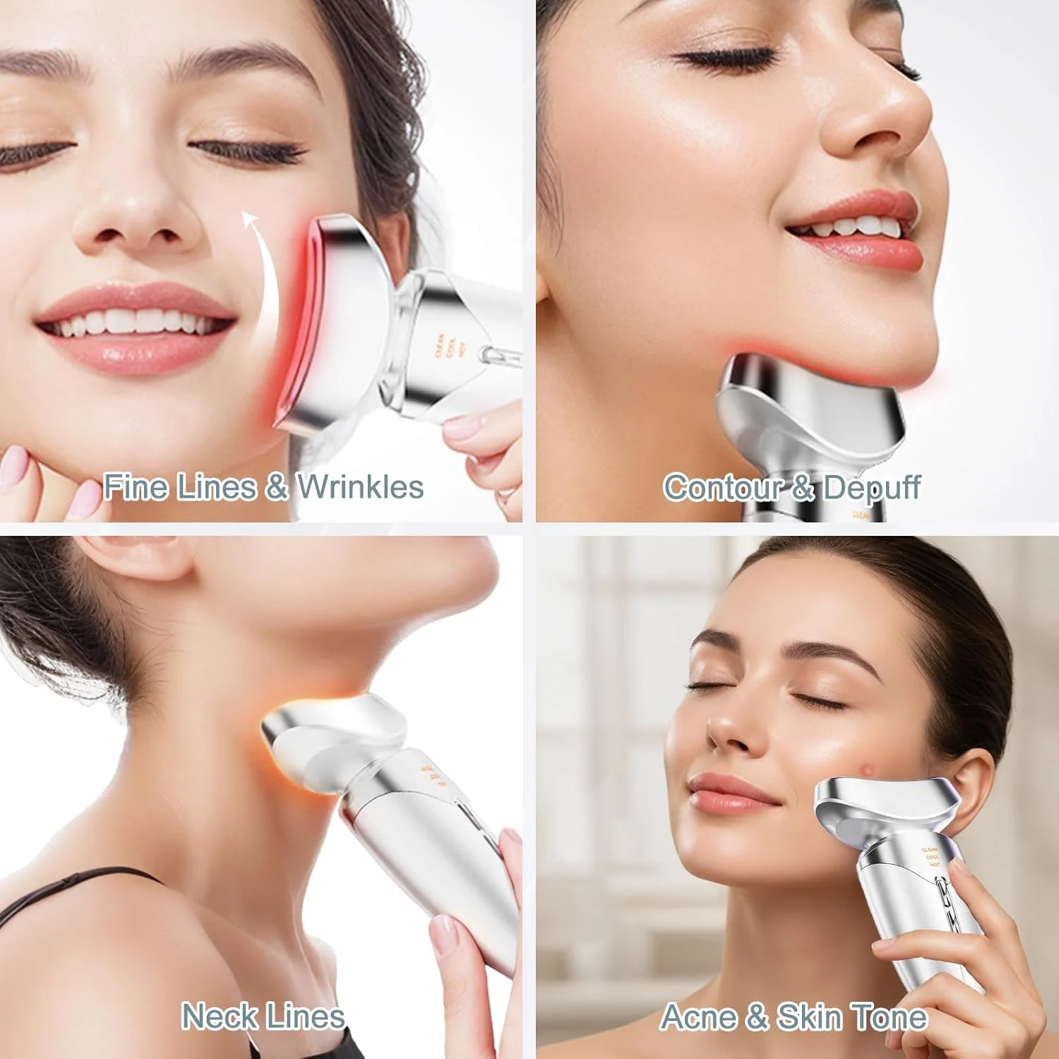 دستگاه زیبایی نور قرمز برای صورت و گردن، بر اساس نور LED قرمز و آبی پیشرفته، سرد و گرم صورت، فناوری ویبره، دستگاه زیبایی صورت و گردن LED 3 رنگ برای استفاده در منزل، سفید صدفی