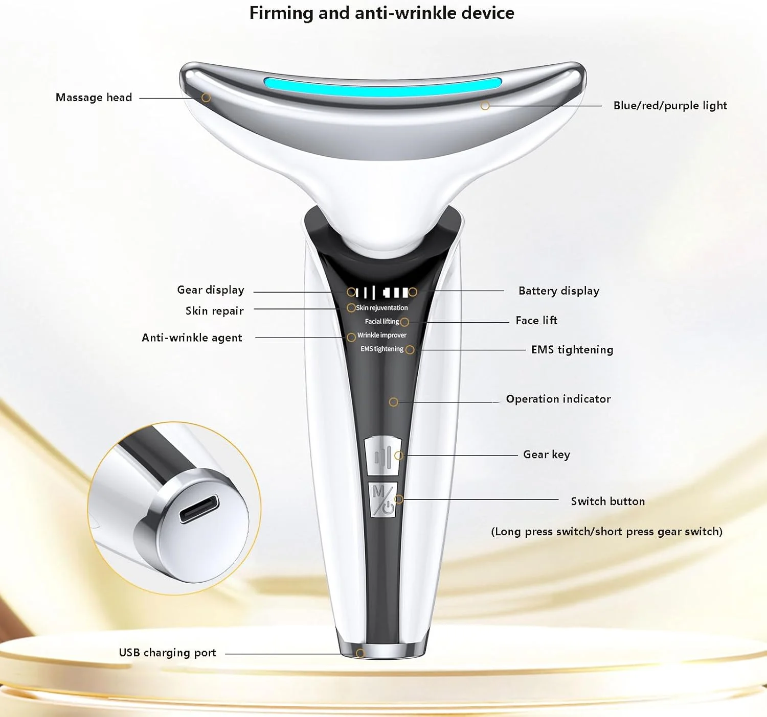 دستگاه ماساژور صورت و لیفتینگ: دستگاه لیفت گردن برقی با گرمای 45 درجه سانتیگراد، ماساژ میکروکارنت EMS - دستگاه سفت کننده پوست با 3 LED و رفع چین و چروک - ضد پیری