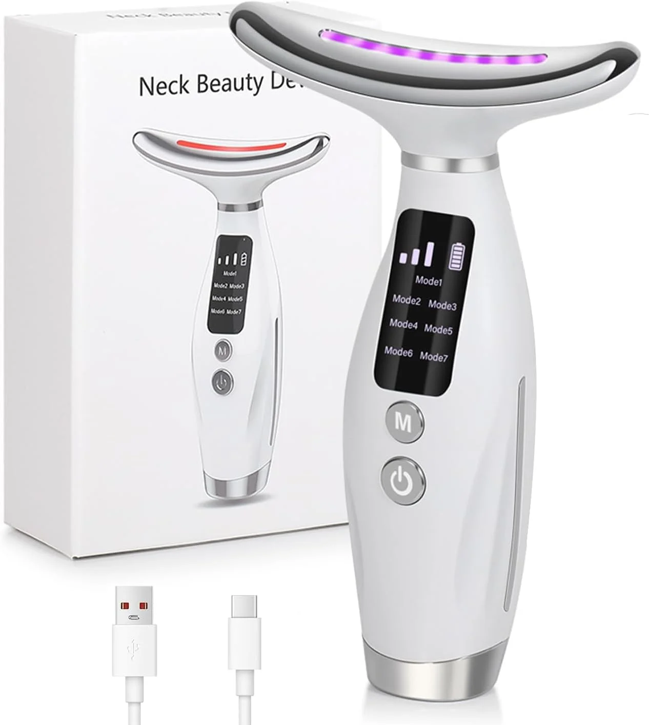 ابزار ماساژ صورت، دستگاه لیفتینگ صورت 7 رنگ، ماساژور صورت و گردن LED 7 در 1 برای سفت کردن و لیفت صورت و زیبایی گردن