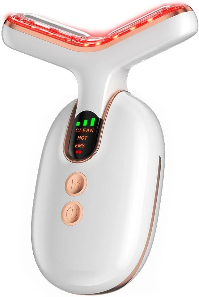 دستگاه زیبایی صورت میکروکارنت، نور درمانی قرمز برای صورت، ماساژور صورت ال ای دی 3 رنگ برای مراقبت از پوست با حرارت، لرزش، سفید