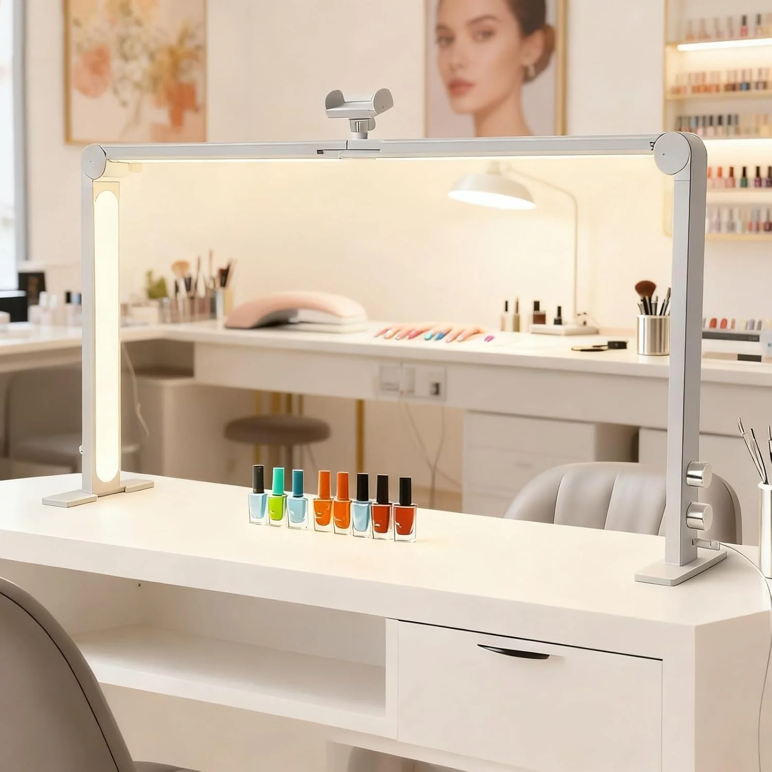 چراغ سه تایی میز ناخن، چراغ کمانی مژه، چراغ LED مانیکور با پایه تلفن، 88.5 سانتی متر، 3000K-6000K، چراغ رومیزی قابل تنظیم آرایش برای اکستنشن مژه تاتو (سفید)