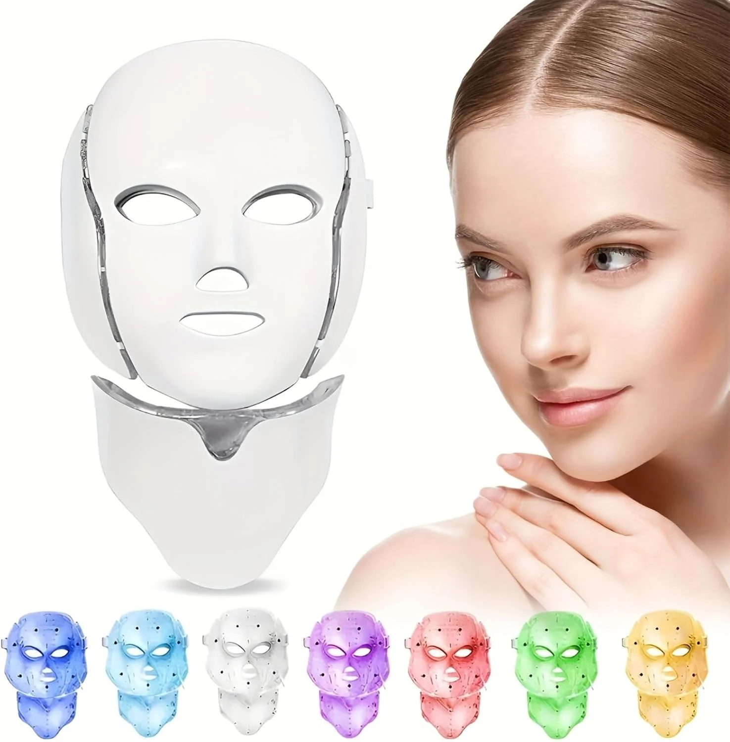 ماسک نور درمانی قرمز برای صورت و گردن، ماسک LED هفت رنگ برای شادابی پوست، رفع چین و چروک، دستگاه زیبایی خانگی، SC256C (سفید)