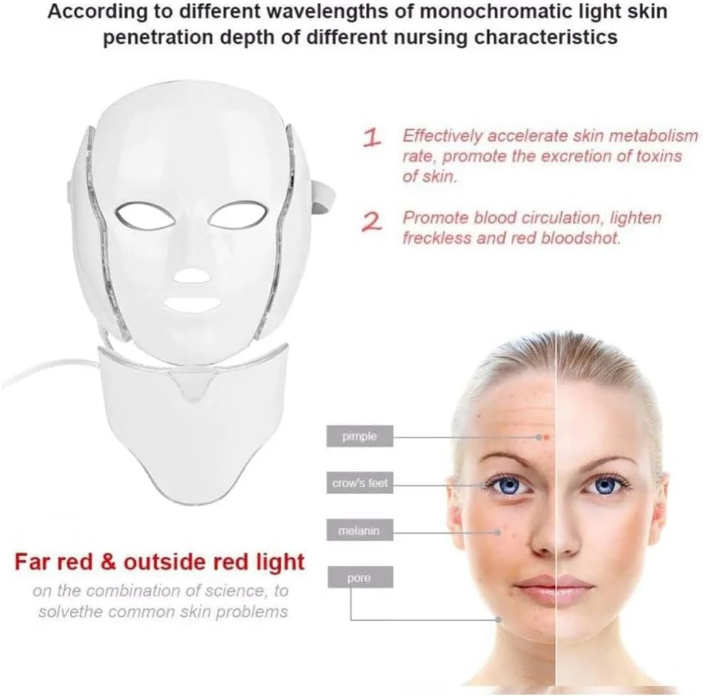 ماسک نور درمانی قرمز برای صورت و گردن، ماسک LED هفت رنگ برای شادابی پوست، رفع چین و چروک، دستگاه زیبایی خانگی، SC256C (سفید)