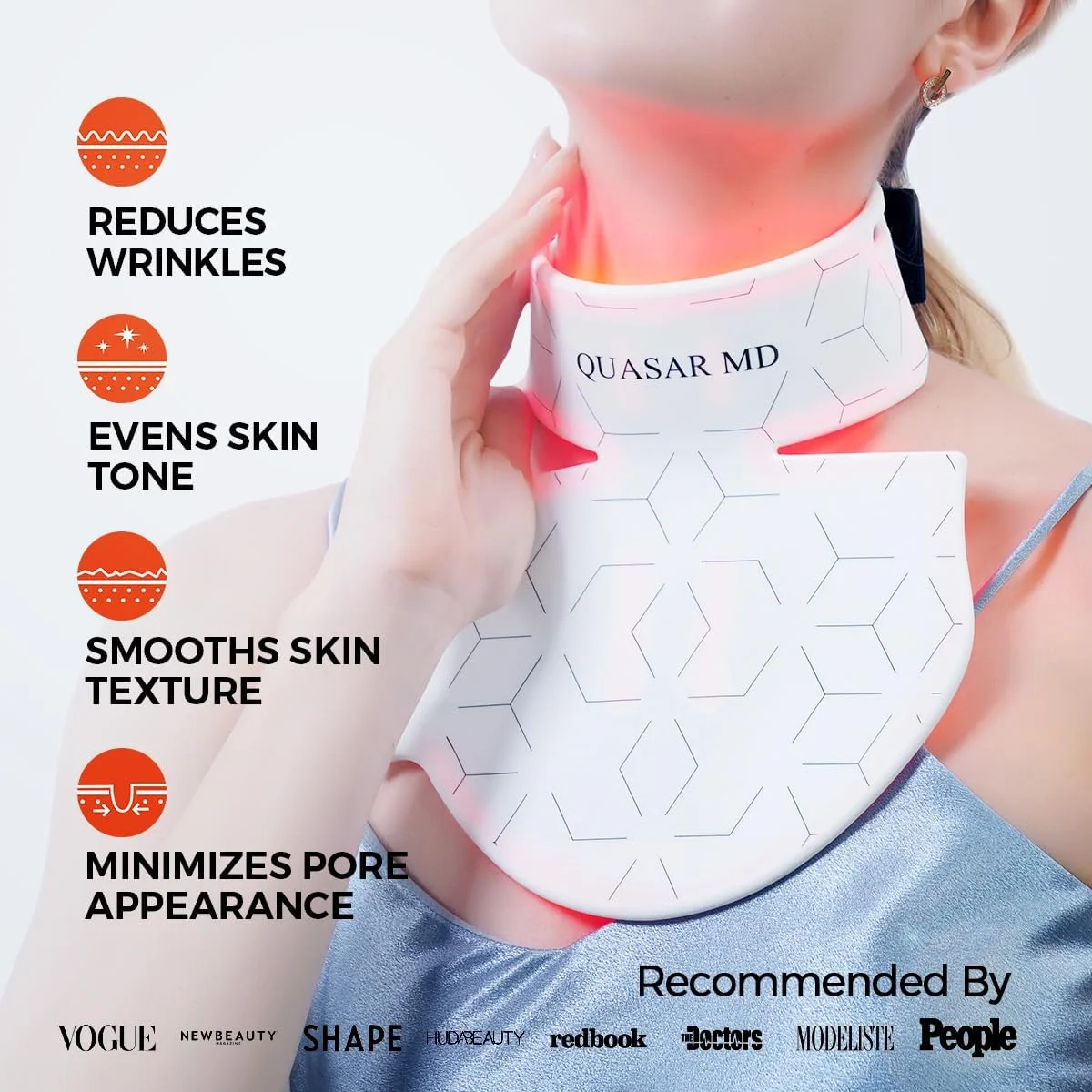 دستگاه زیبایی سفت کننده گردن و ناحیه دکلته - دستگاه LED با نور درمانی برای بهبود رنگ و بافت پوست، انتشار دوگانه طول موج 630 نانومتر و 830 نانومتر، سیلیکون مایع