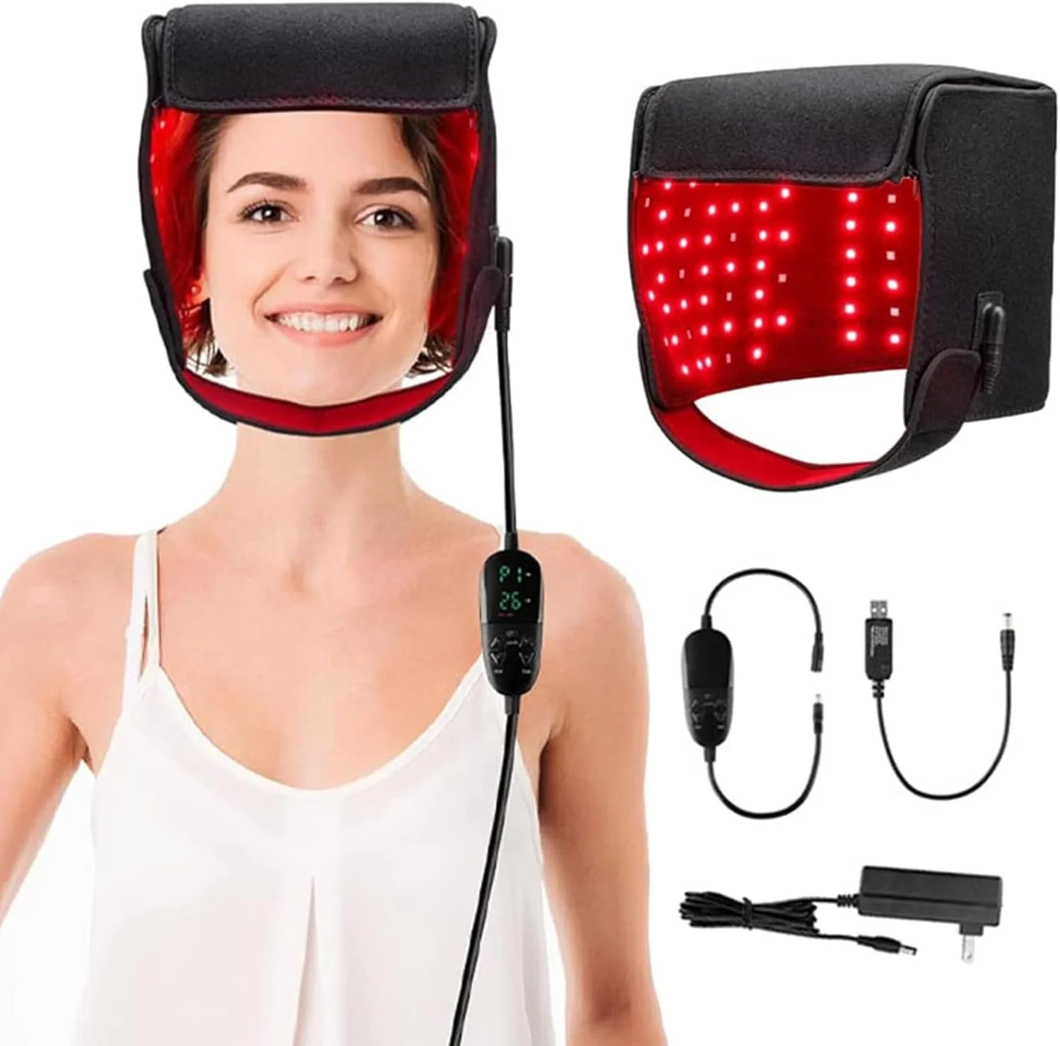 کلاه درمان با نور قرمز LED، کلاه درمان با نور قرمز LED برای رشد مو، 215 عدد LED با طول موج 660 نانومتر و 850 نانومتر، دستگاه درمان با نور نزدیک به مادون قرمز برای ریزش مو، کلاه مراقبت سریع از رشد مو