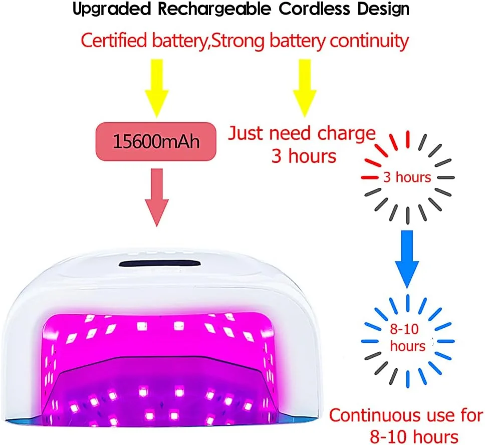 دستگاه خشک کن لاک ناخن LED UV شارژی بی سیم، خشک کن حرفه ای ناخن با 42 لامپ LED قرمز، استیل ضد زنگ جداشدنی، 4 تنظیم تایمر و سنسور هوشمند، دستگاه قابل حمل برای ناخن های دست و پا