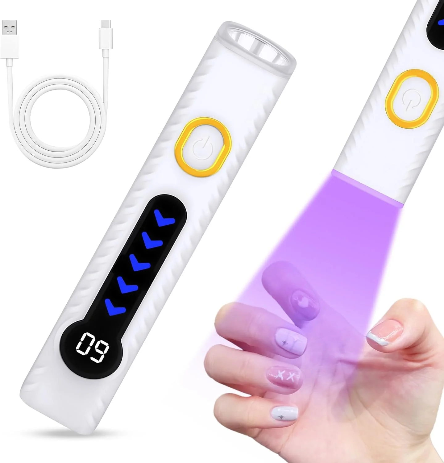 دستگاه خشک کن سریع لاک ناخن، چراغ UV دستی برای لاک ژل با صفحه نمایش LED و تایمر 20 و 60 ثانیه، چراغ قوه کوچک UV قابل شارژ USB هدیه ای برای زنان برای استفاده شخصی در خانه، مسافرت، سفید