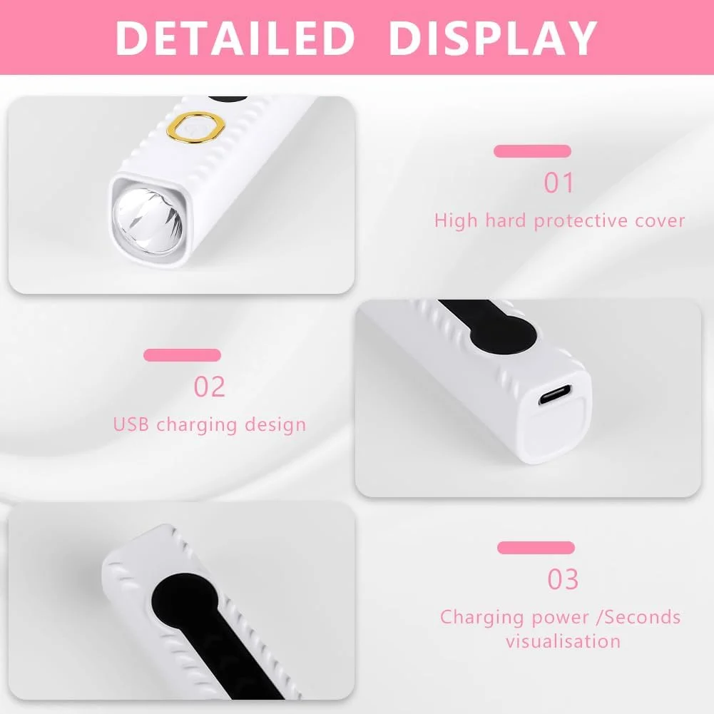 دستگاه خشک کن سریع لاک ناخن، چراغ UV دستی برای لاک ژل با صفحه نمایش LED و تایمر 20 و 60 ثانیه، چراغ قوه کوچک UV قابل شارژ USB هدیه ای برای زنان برای استفاده شخصی در خانه، مسافرت، سفید