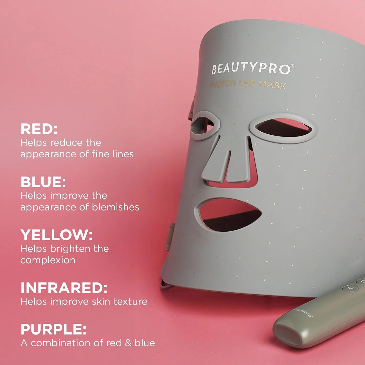 ماسک ال ای دی فوتون BEAUTYPRO، دستگاه ضد پیری 5 در 1 با فناوری نور ال ای دی | ماسک صورت با نور درمانی | دستگاه ال ای دی کاملا قابل تنظیم | بهبود رنگ، بافت و استحکام پوست