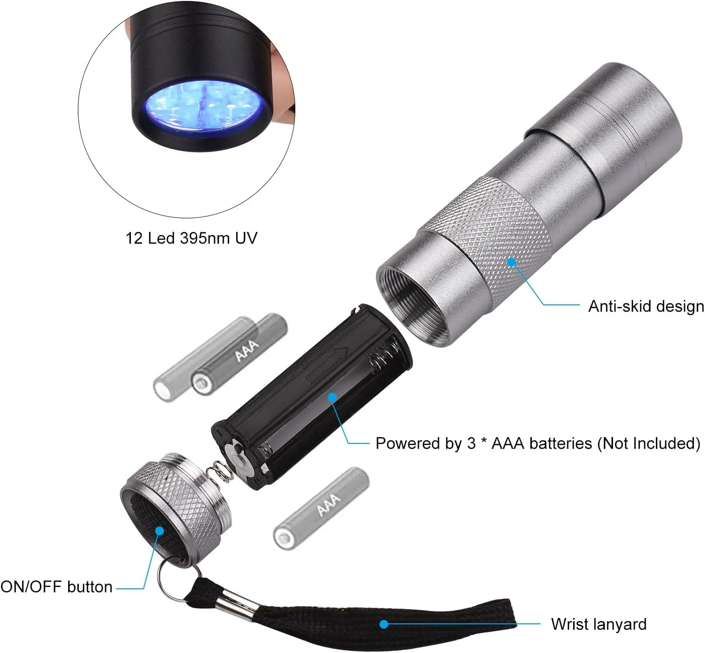 چراغ قوه کوچک UV برای خشک کردن ژل، چراغ قوه دستی UV با 12 LED و طول موج 395 نانومتر، چراغ قوه کوچک برای صورت