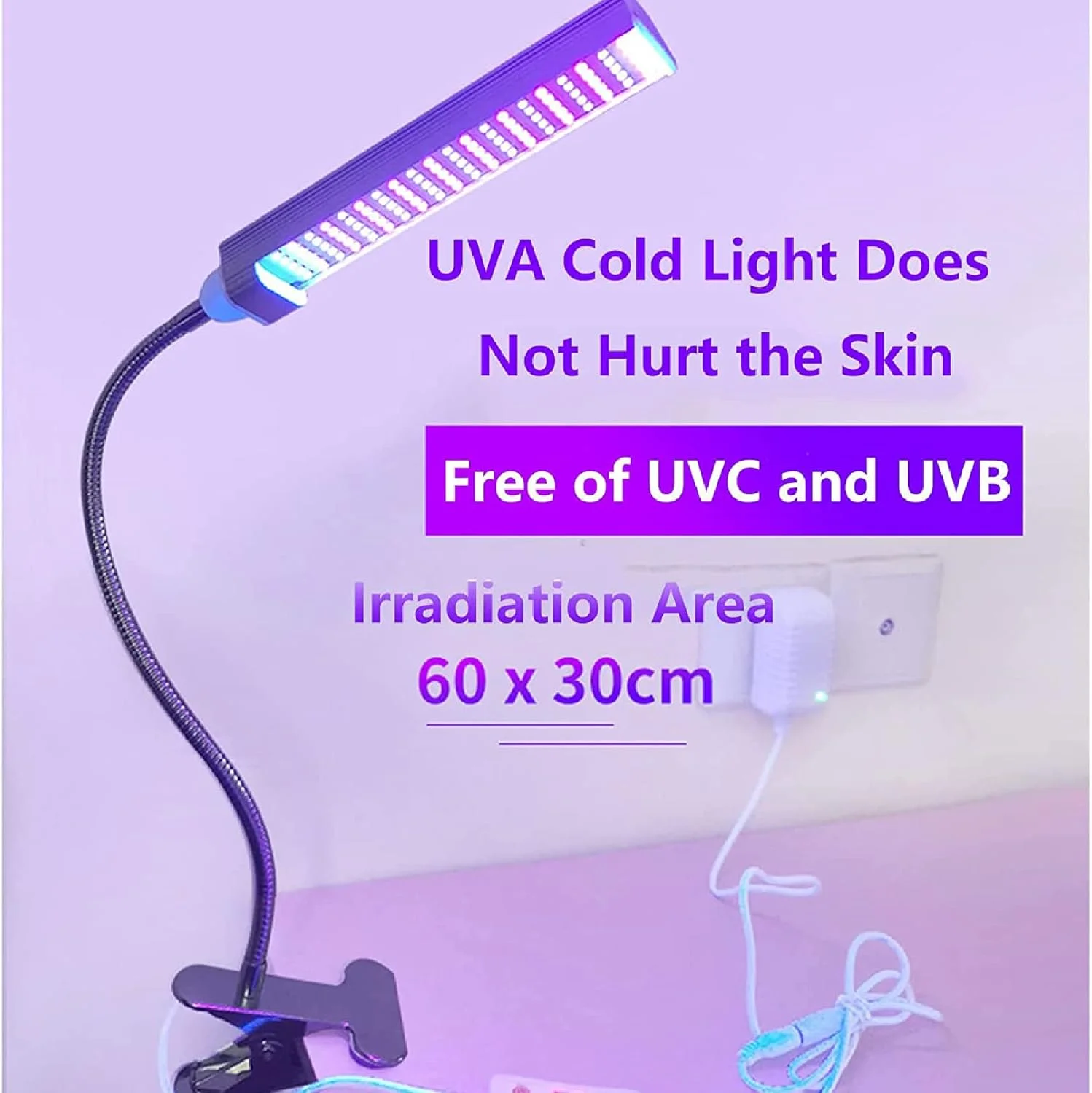 لامپ برنزه کننده ADORZ برای بدن و صورت، دستگاه برنزه کننده خانگی گیره دار LED UV 365NM، قابل تنظیم 360 درجه، ناحیه تابش 60×30 سانتی متر، برنزه تمام سال