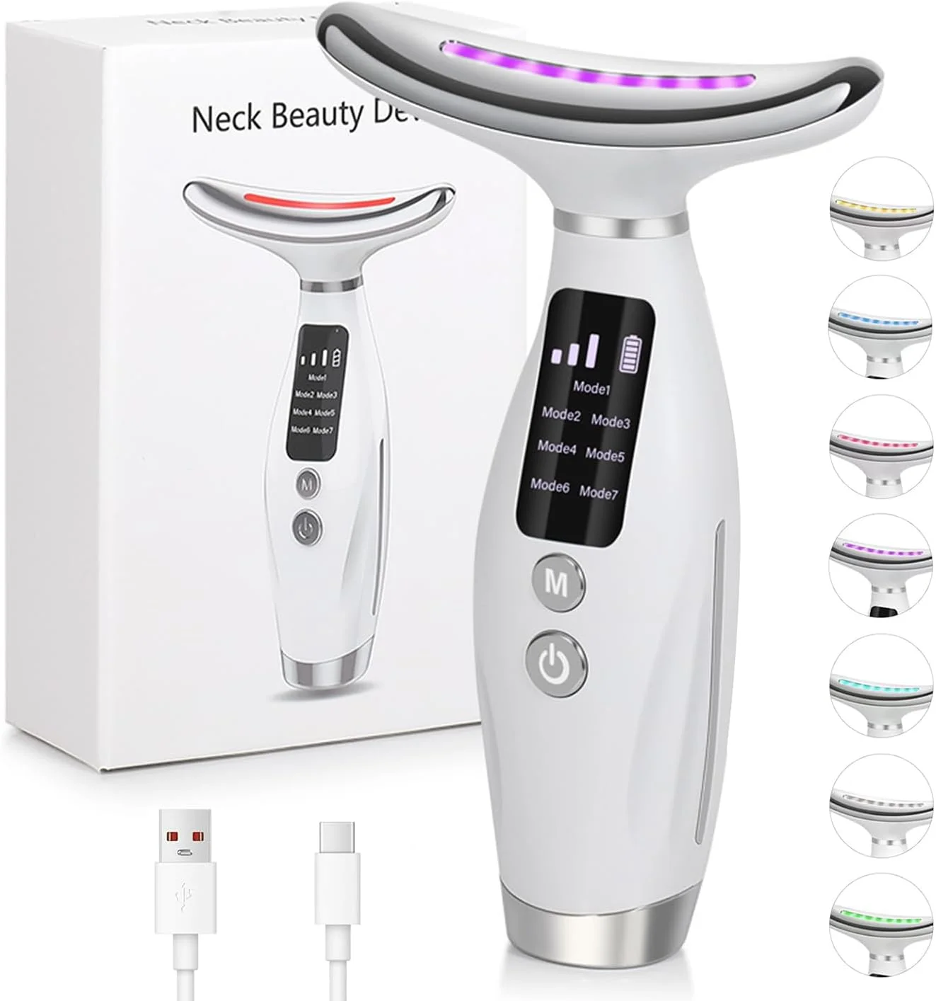 ابزار ماساژ صورت، دستگاه لیفتینگ صورت 7 رنگ 7 در 1 LED ماساژور صورت و گردن برای زنان، ابزار سفت کننده و لیفتینگ صورت، دستگاه زیبایی گردن