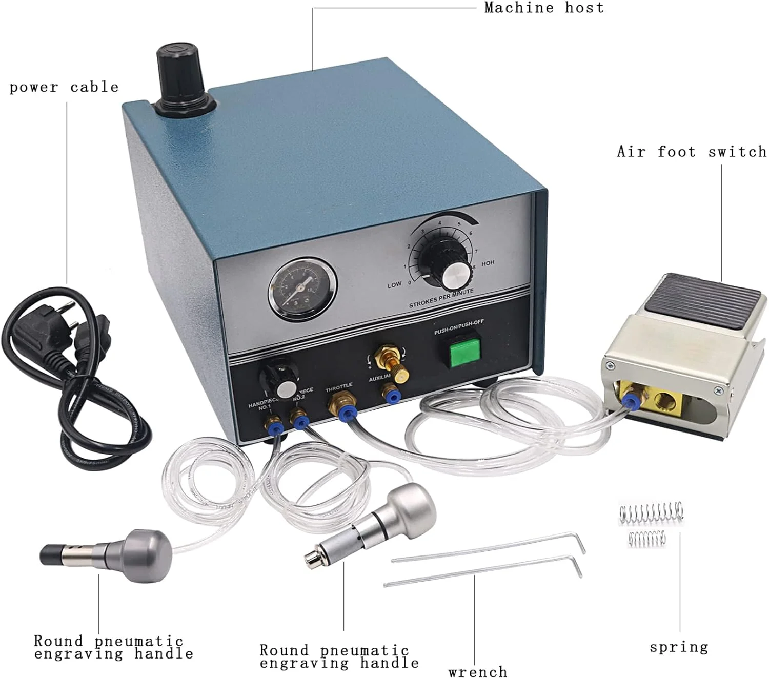 دستگاه حکاکی پنوماتیک 60 وات با دو دسته، 0-40000 ضربه در دقیقه، ابزار و تجهیزات جواهرات با کیفیت بالا، فشار هوا 0-30Psi