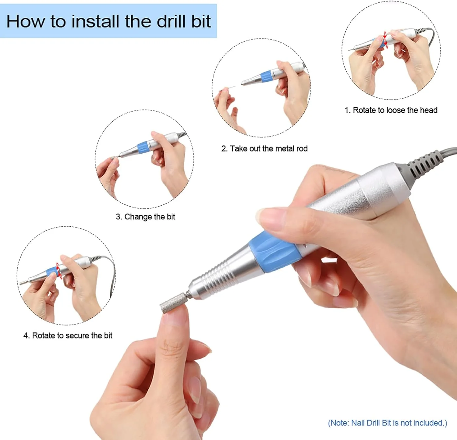قلم دستگاه مانیکور و پدیکور برقی اونا با سرعت 30000 دور در دقیقه، دسته و ابزار جانبی