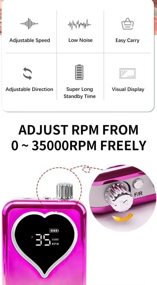 دستگاه سوهان برقی ناخن قابل حمل 45 وات با گشتاور بالا و سرعت 35000 دور در دقیقه، بدون برس و شارژی