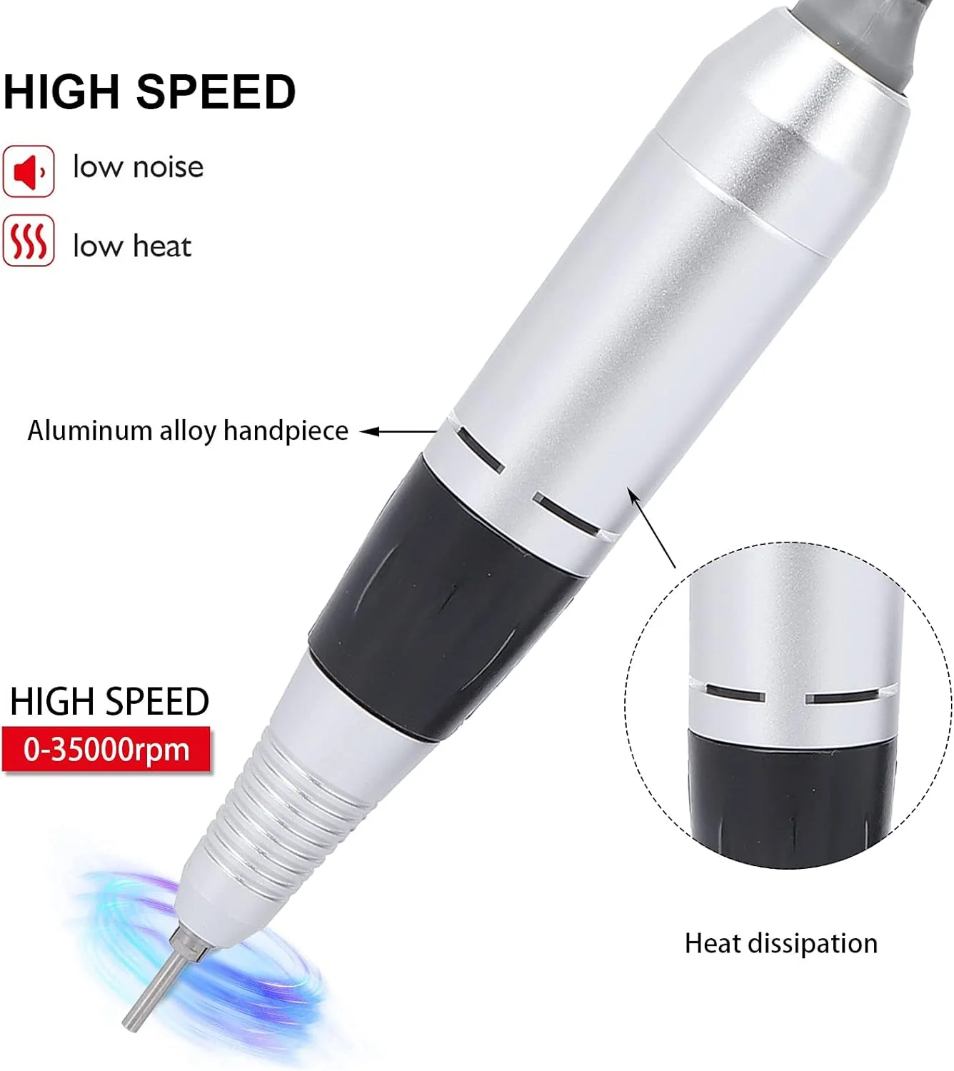 قلم دسته دریل برقی ناخن YUYTE، دسته جایگزین دریل مانیکور، دستگاه پولیش مانیکور و پدیکور 35000 دور در دقیقه، ابزار هنری ناخن برای سالن خانگی (مشکی)